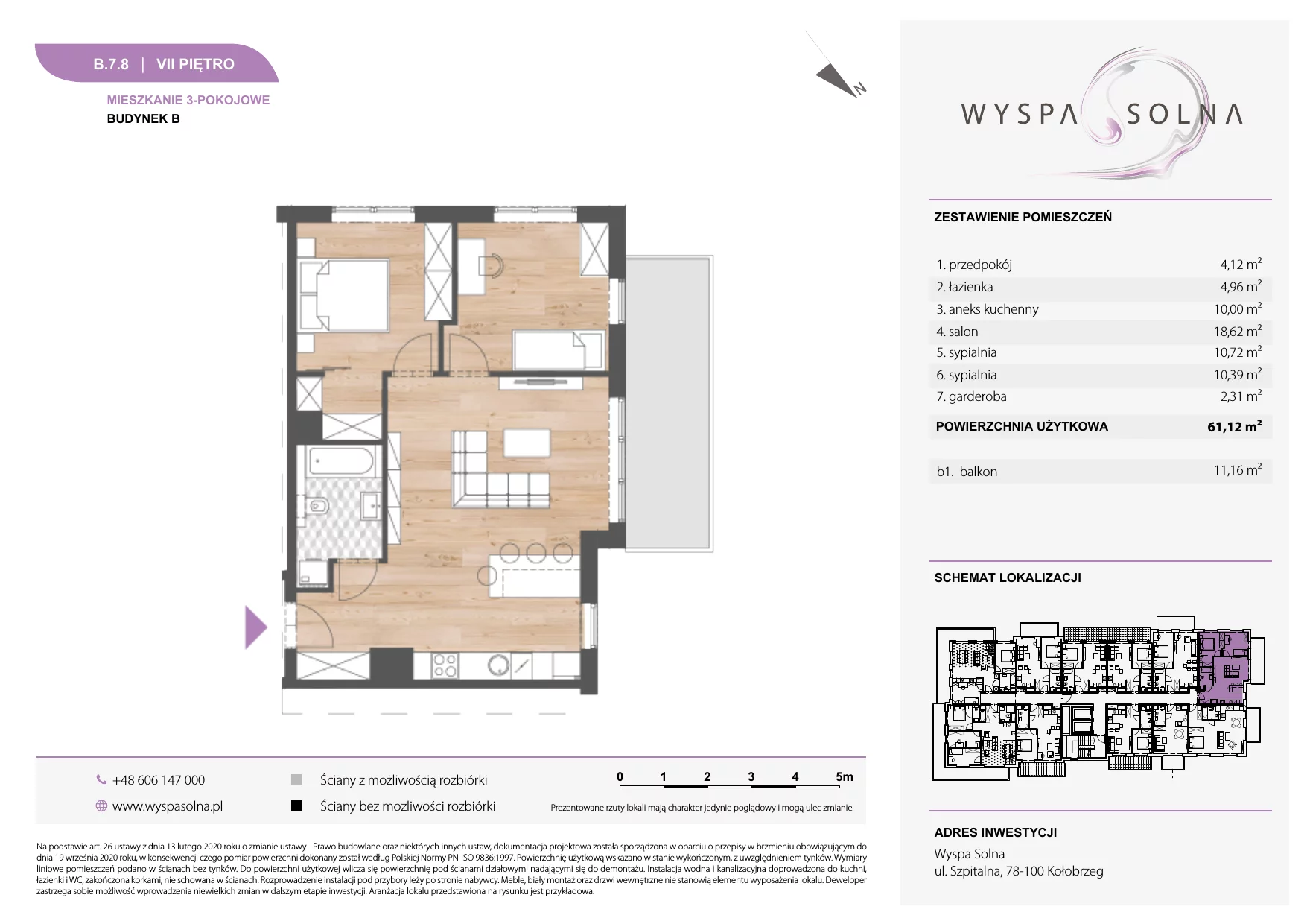 3 pokoje, apartament 61,12 m², piętro 7, oferta nr B.7.8, Wyspa Solna, Kołobrzeg, Osiedle Nr 3, Wyspa Solna, ul. Szpitalna 9