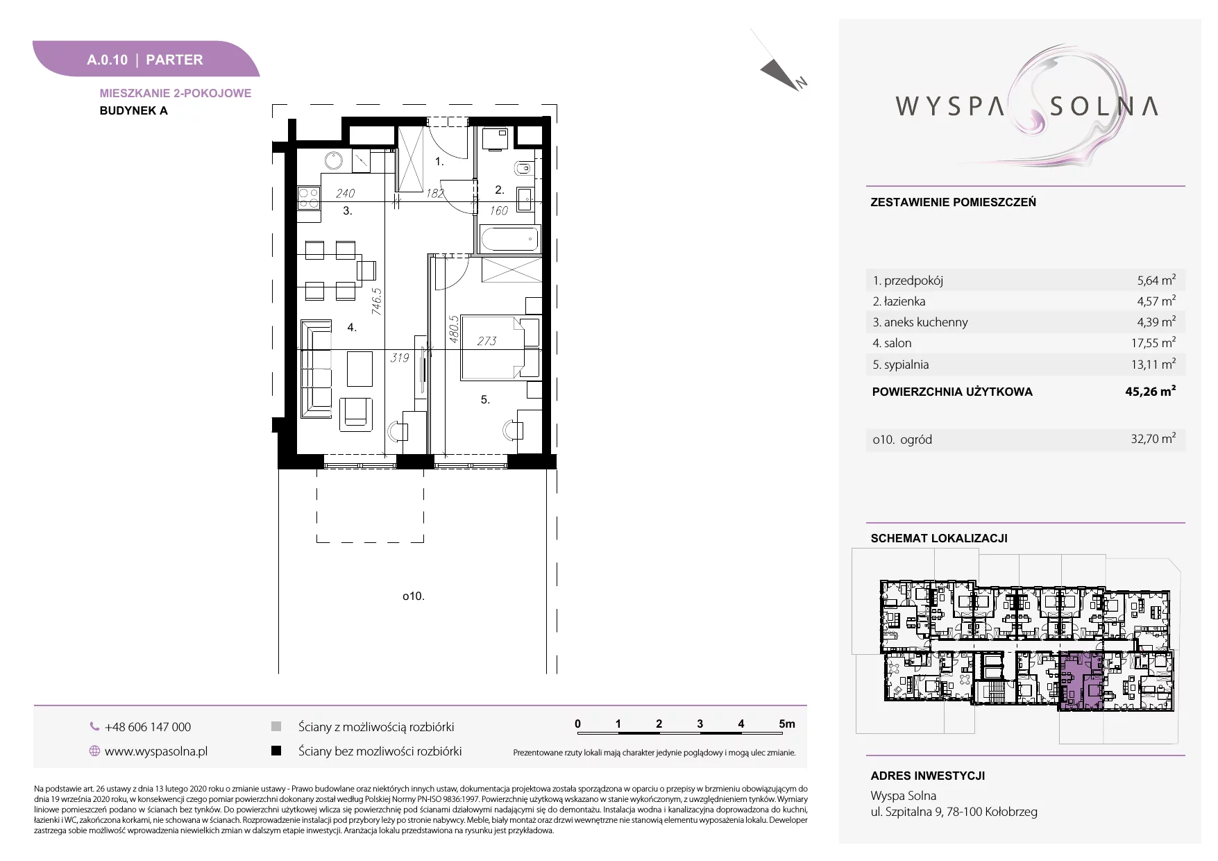 2 pokoje, apartament 45,26 m², parter, oferta nr A.0.10, Wyspa Solna, Kołobrzeg, Osiedle Nr 3, Wyspa Solna, ul. Szpitalna 9