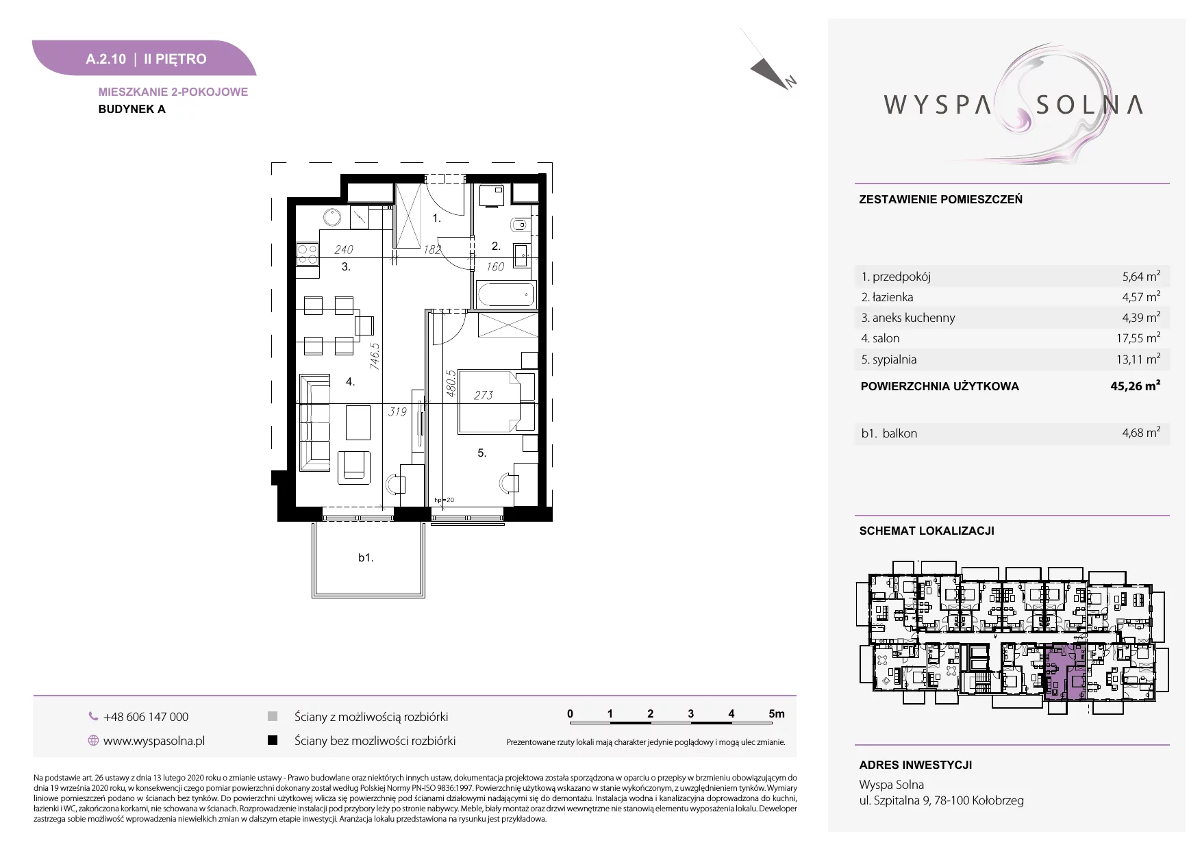 2 pokoje, apartament 45,26 m², piętro 2, oferta nr A.2.10, Wyspa Solna, Kołobrzeg, Osiedle Nr 3, Wyspa Solna, ul. Szpitalna 9