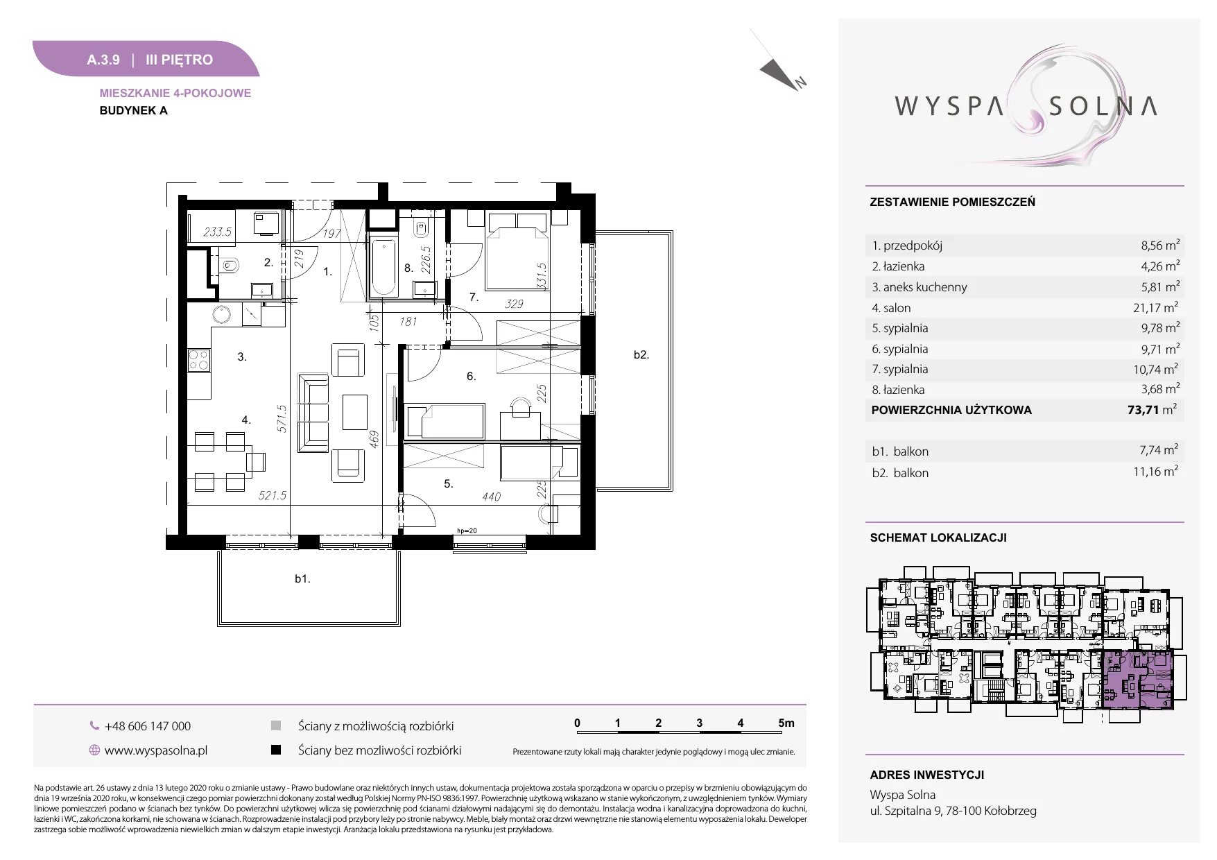 4 pokoje, apartament 73,71 m², piętro 3, oferta nr A.3.9, Wyspa Solna, Kołobrzeg, Osiedle Nr 3, Wyspa Solna, ul. Szpitalna 9