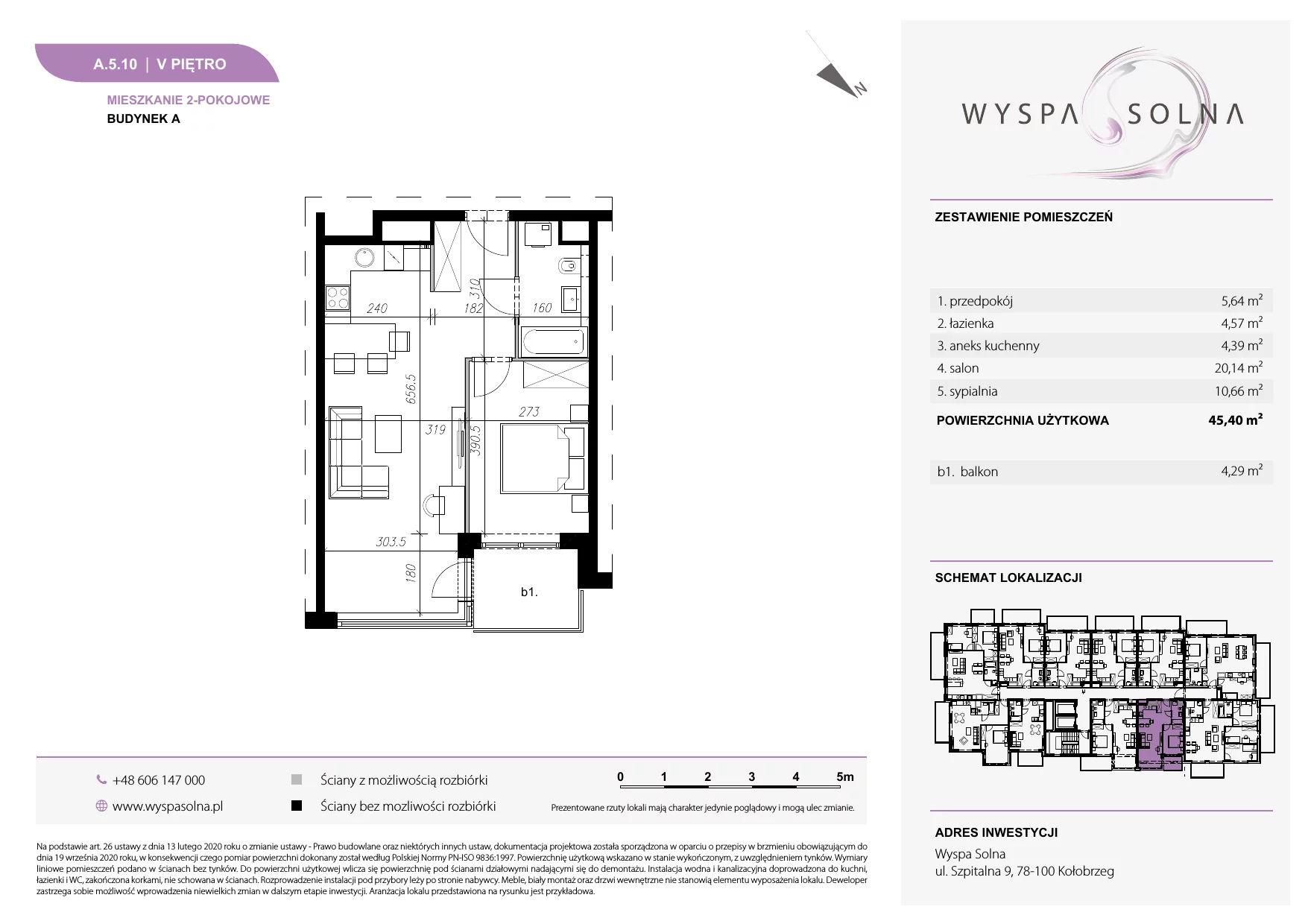 2 pokoje, apartament 45,40 m², piętro 5, oferta nr A.5.10, Wyspa Solna, Kołobrzeg, Osiedle Nr 3, Wyspa Solna, ul. Szpitalna 9