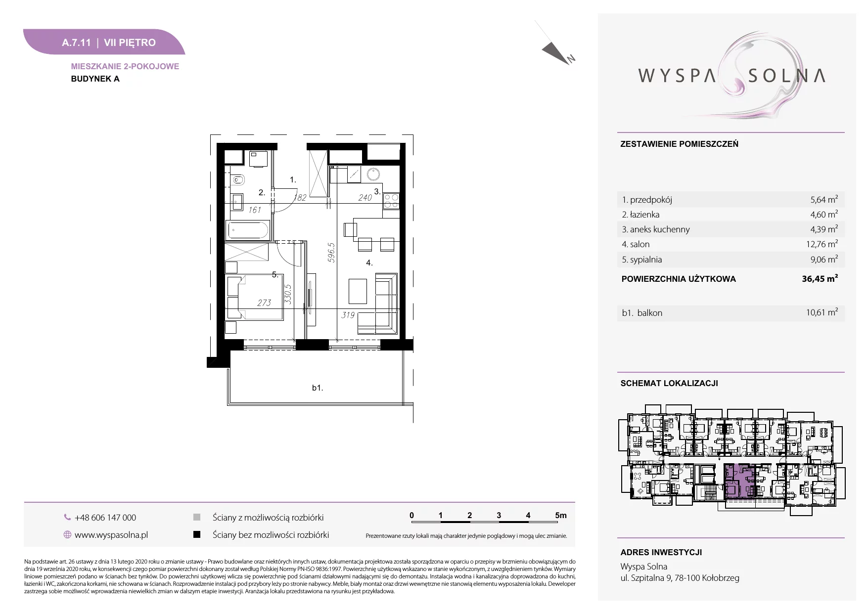 2 pokoje, apartament 36,45 m², piętro 7, oferta nr A.7.11, Wyspa Solna, Kołobrzeg, Osiedle Nr 3, Wyspa Solna, ul. Szpitalna 9