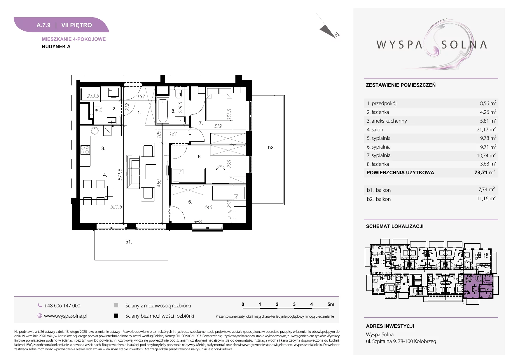 4 pokoje, apartament 73,71 m², piętro 7, oferta nr A.7.9, Wyspa Solna, Kołobrzeg, Osiedle Nr 3, Wyspa Solna, ul. Szpitalna 9