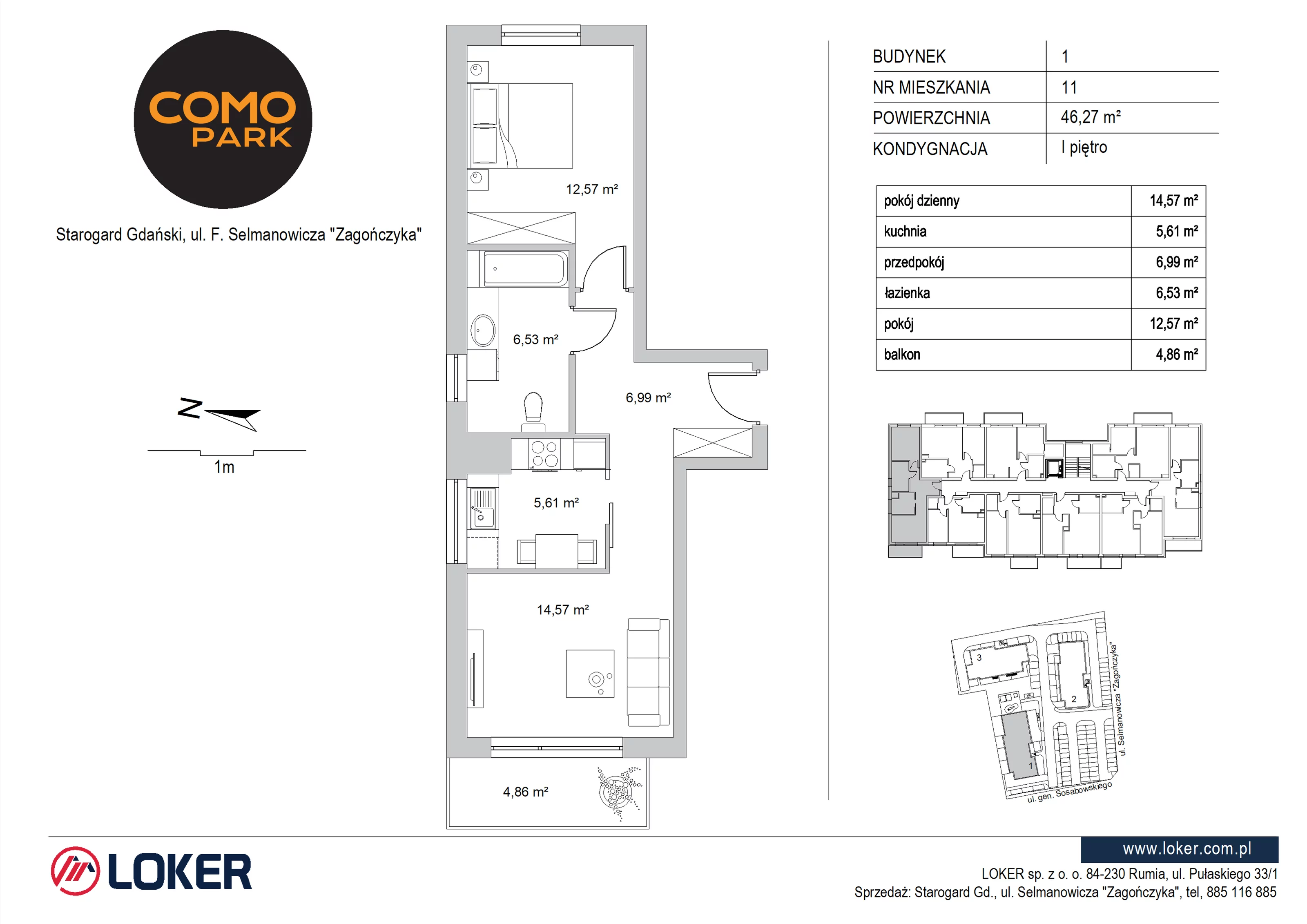 2 pokoje, mieszkanie 46,27 m², piętro 1, oferta nr 1.11, Como Park, Starogard Gdański, ul. Selmanowicza „Zagończyka”