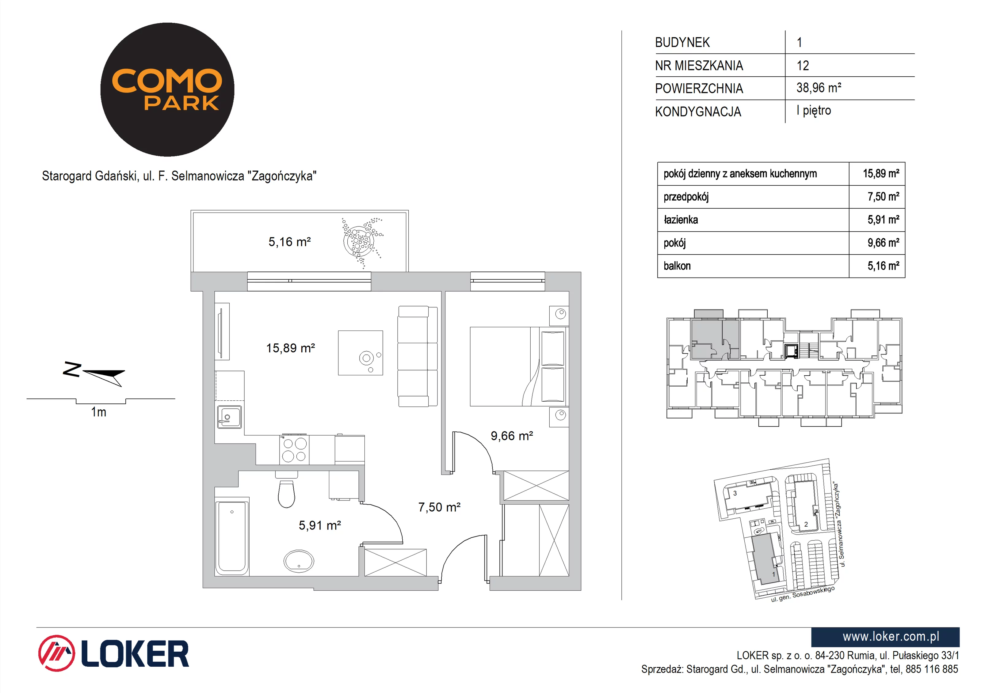 2 pokoje, mieszkanie 38,96 m², piętro 1, oferta nr 1.12, Como Park, Starogard Gdański, ul. Selmanowicza „Zagończyka”