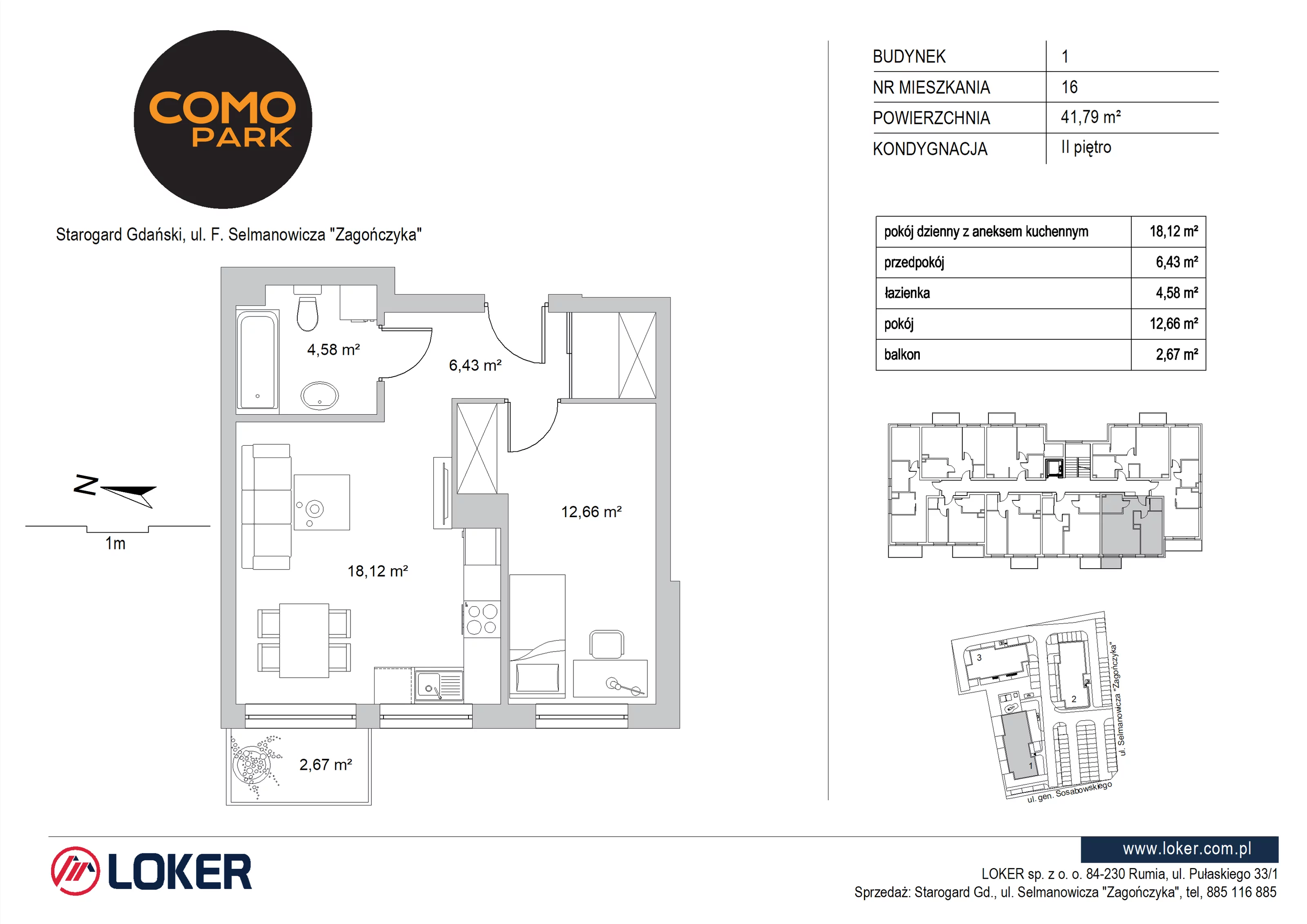 2 pokoje, mieszkanie 41,79 m², piętro 2, oferta nr 1.16, Como Park, Starogard Gdański, ul. Selmanowicza „Zagończyka”