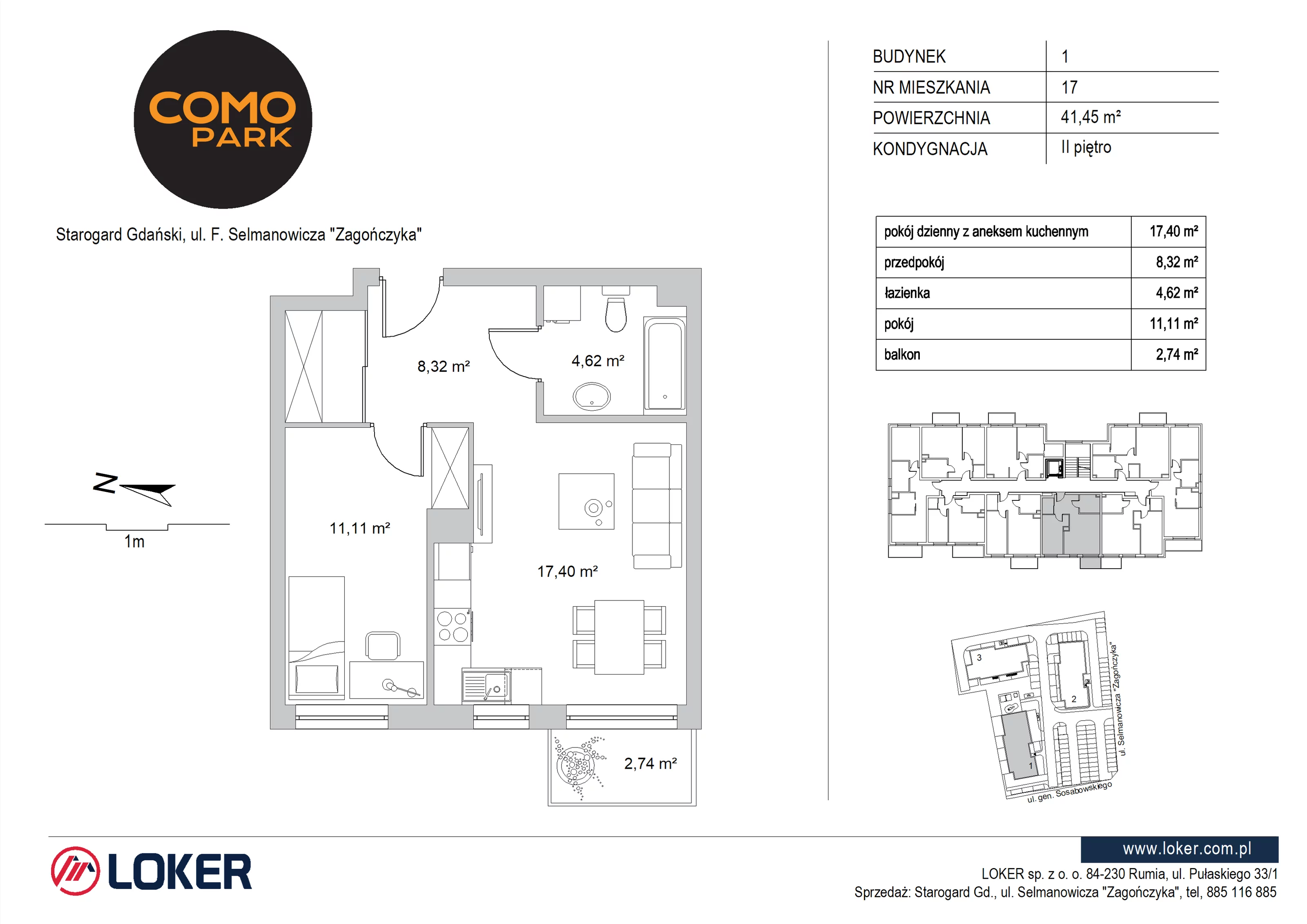 2 pokoje, mieszkanie 41,45 m², piętro 2, oferta nr 1.17, Como Park, Starogard Gdański, ul. Selmanowicza „Zagończyka”