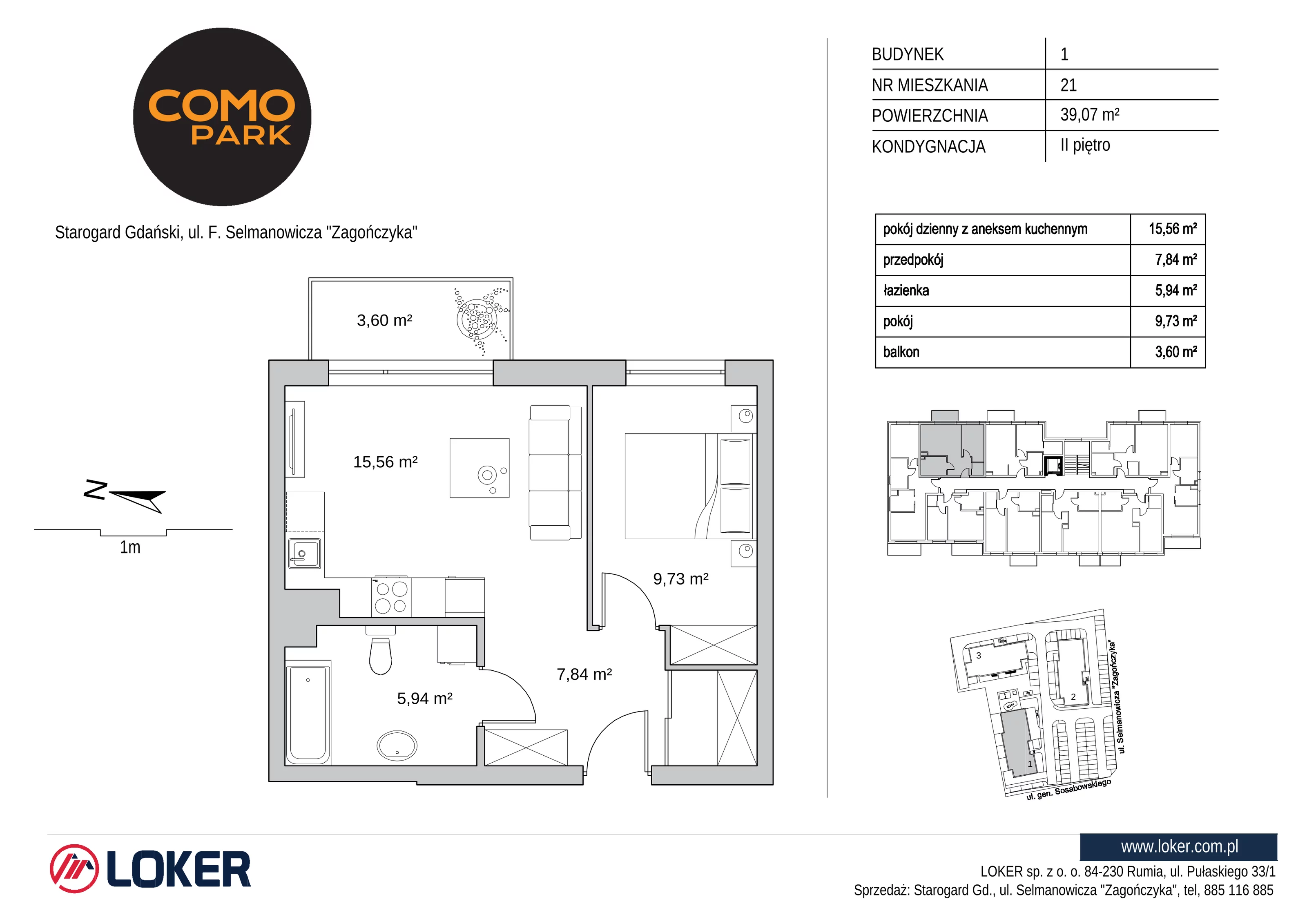 2 pokoje, mieszkanie 39,07 m², piętro 2, oferta nr 1.21, Como Park, Starogard Gdański, ul. Selmanowicza „Zagończyka”