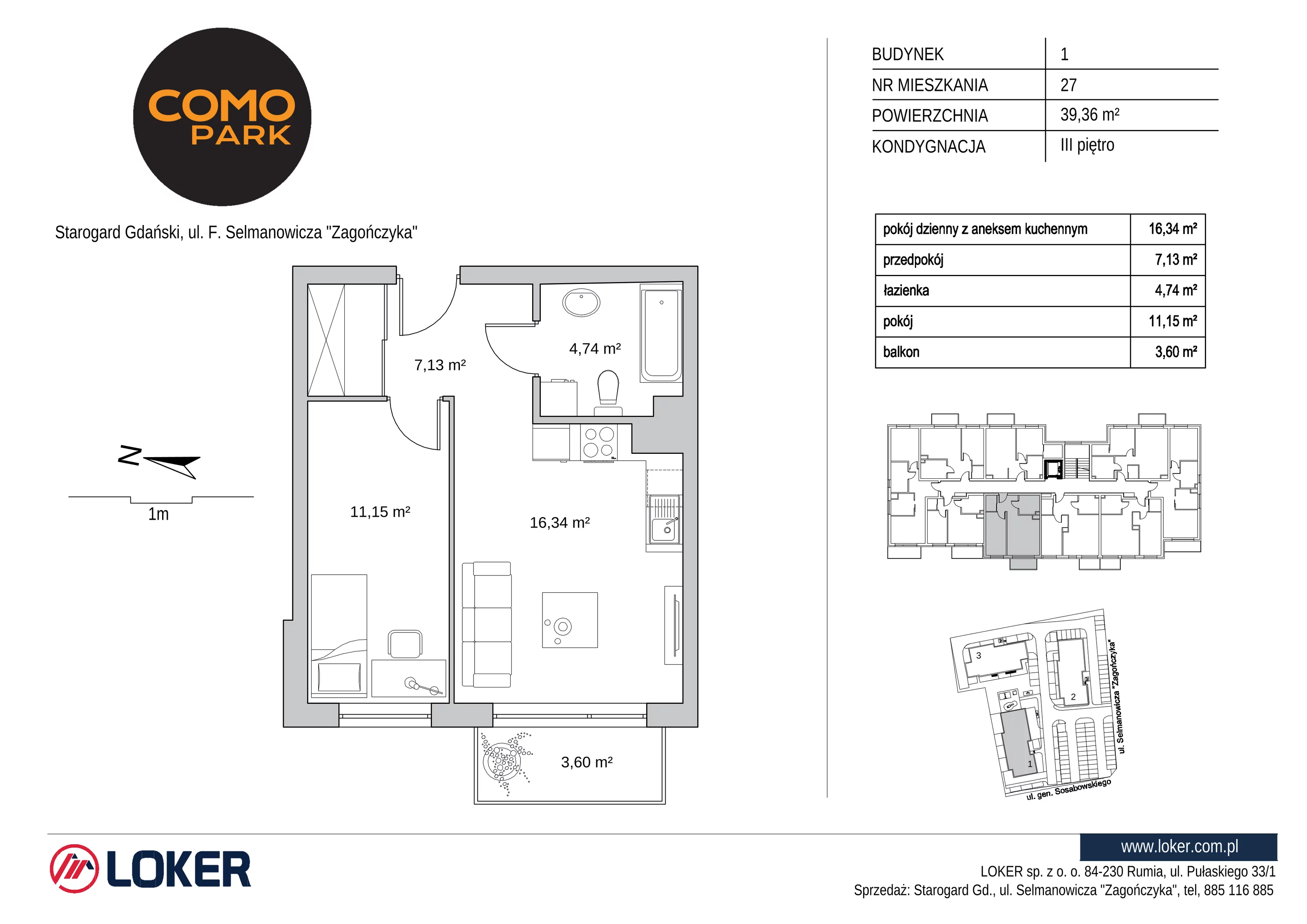 2 pokoje, mieszkanie 39,36 m², piętro 3, oferta nr 1.27, Como Park, Starogard Gdański, ul. Selmanowicza „Zagończyka”