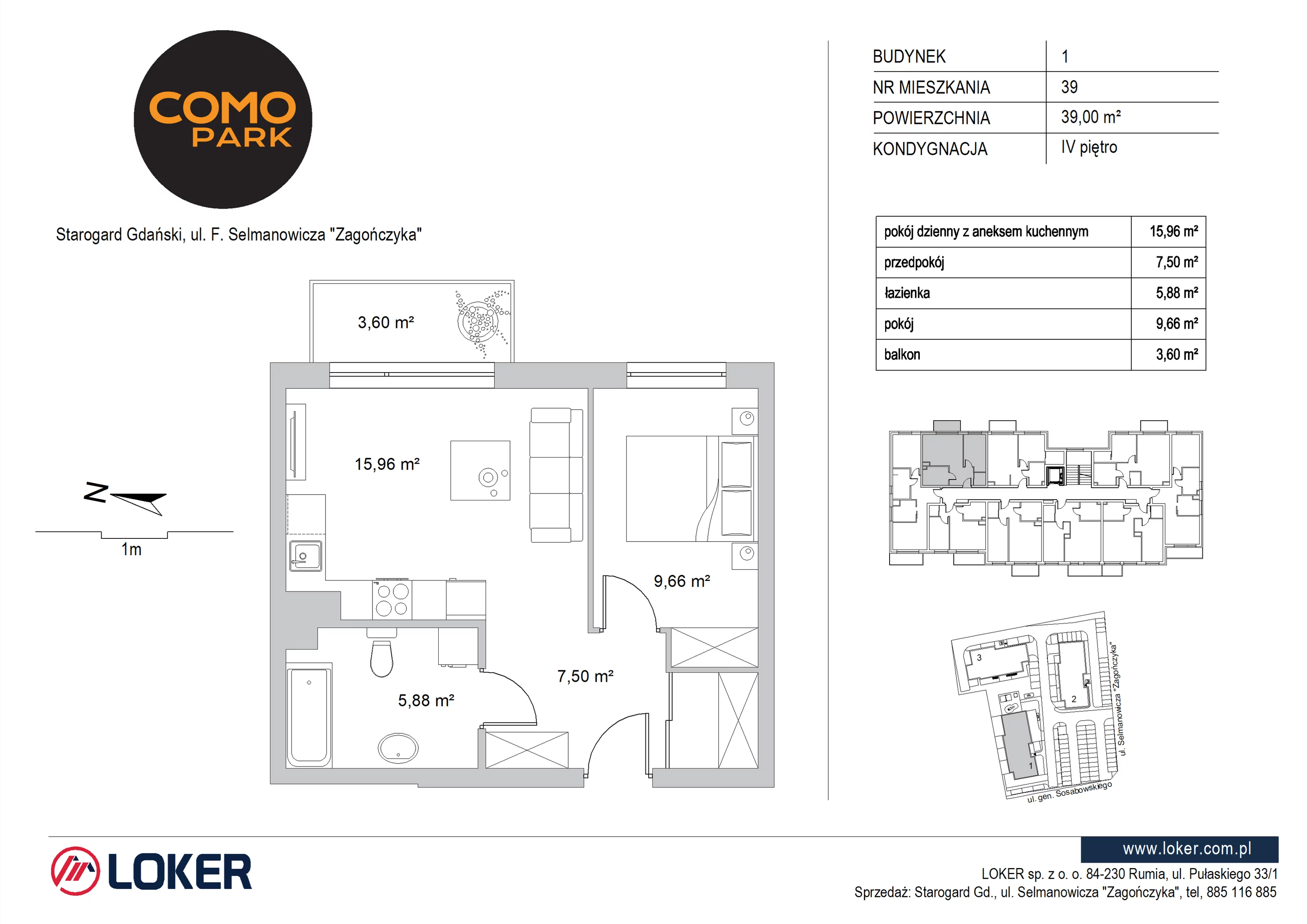 2 pokoje, mieszkanie 39,00 m², piętro 4, oferta nr 1.39, Como Park, Starogard Gdański, ul. Selmanowicza „Zagończyka”