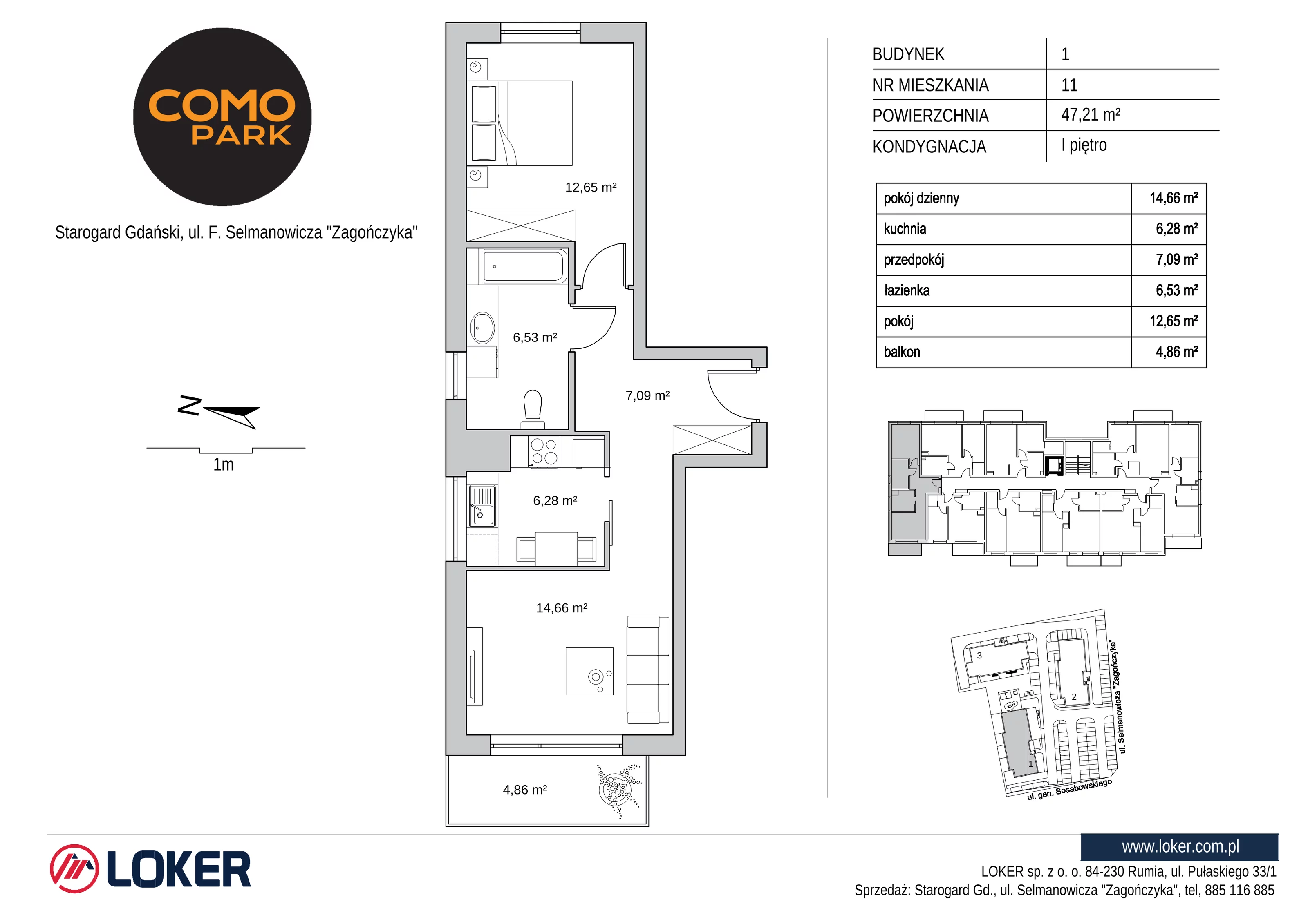 Mieszkanie 47,21 m², piętro 1, oferta nr 1.11, Como Park, Starogard Gdański, ul. Selmanowicza „Zagończyka”