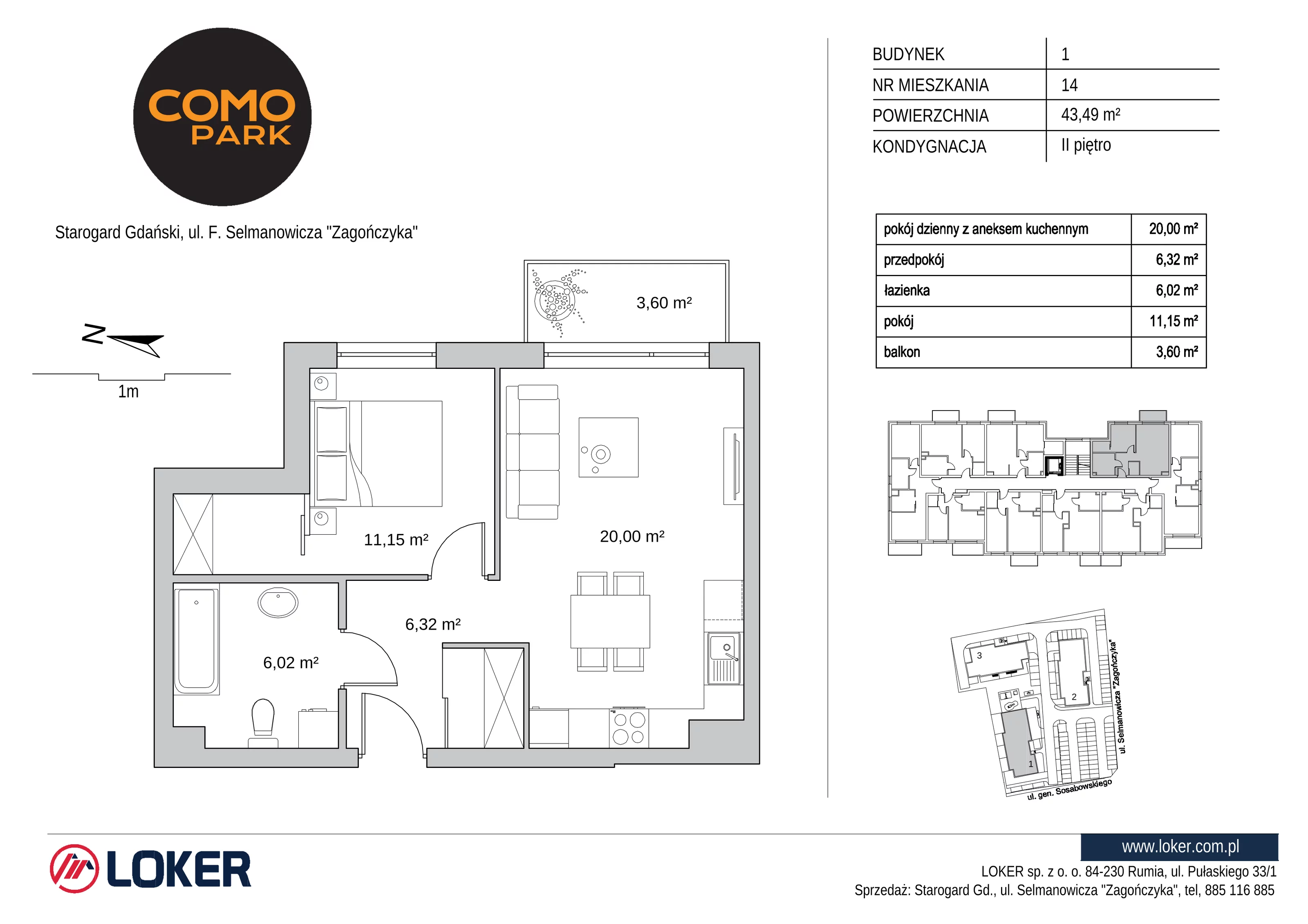 Mieszkanie 43,49 m², piętro 2, oferta nr 1.14, Como Park, Starogard Gdański, ul. Selmanowicza „Zagończyka”