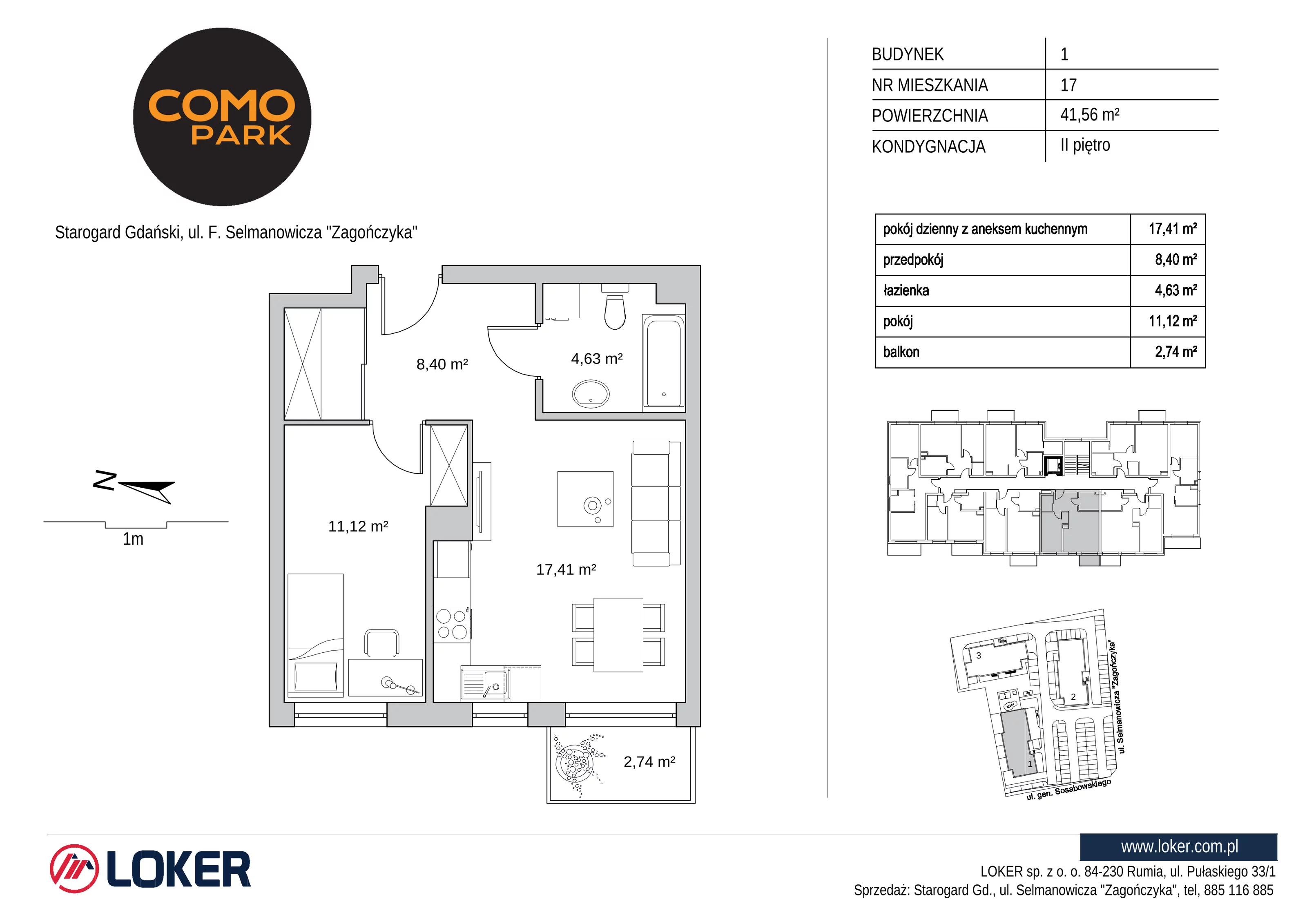 Mieszkanie 41,56 m², piętro 2, oferta nr 1.17, Como Park, Starogard Gdański, ul. Selmanowicza „Zagończyka”