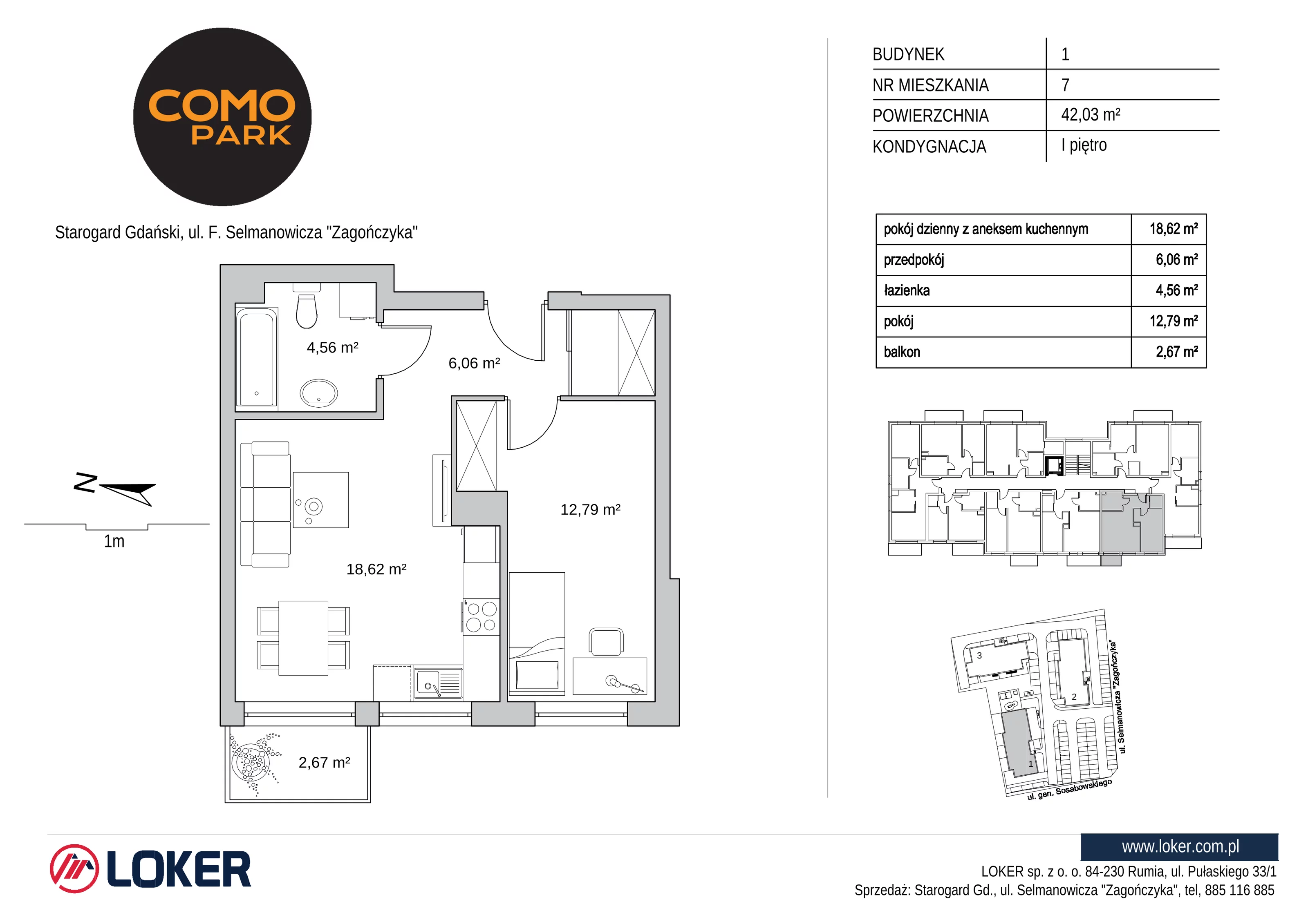 Mieszkanie 42,03 m², piętro 1, oferta nr 1.7, Como Park, Starogard Gdański, ul. Selmanowicza „Zagończyka”