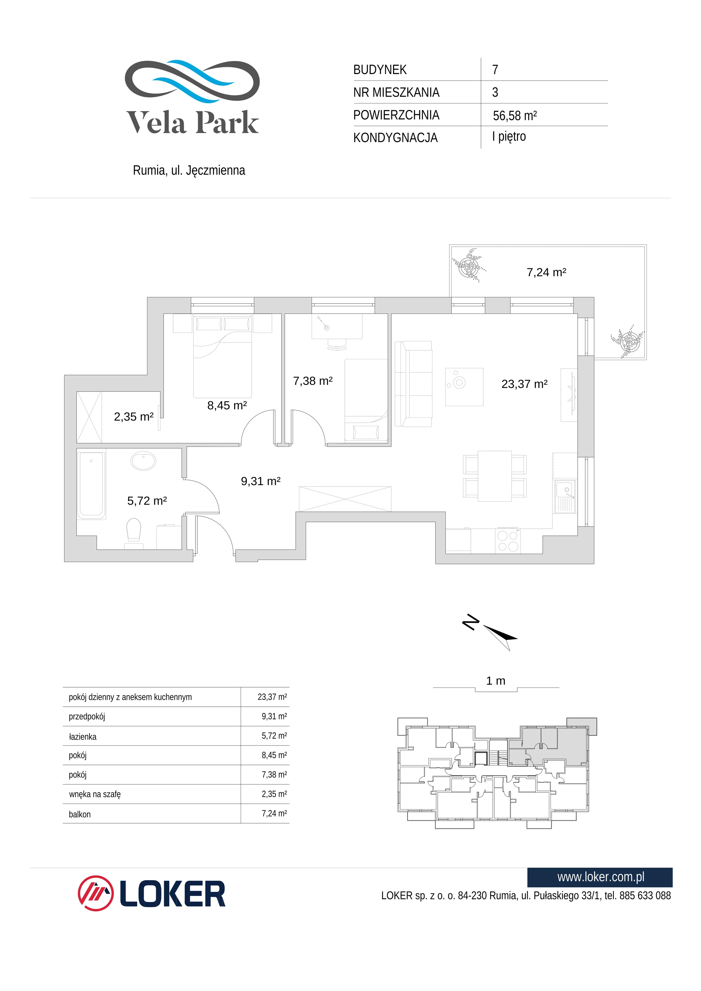 3 pokoje, mieszkanie 56,58 m², piętro 1, oferta nr 7_3, Vela Park Budynek 7-8, Rumia, Biała Rzeka, ul. Jęczmienna