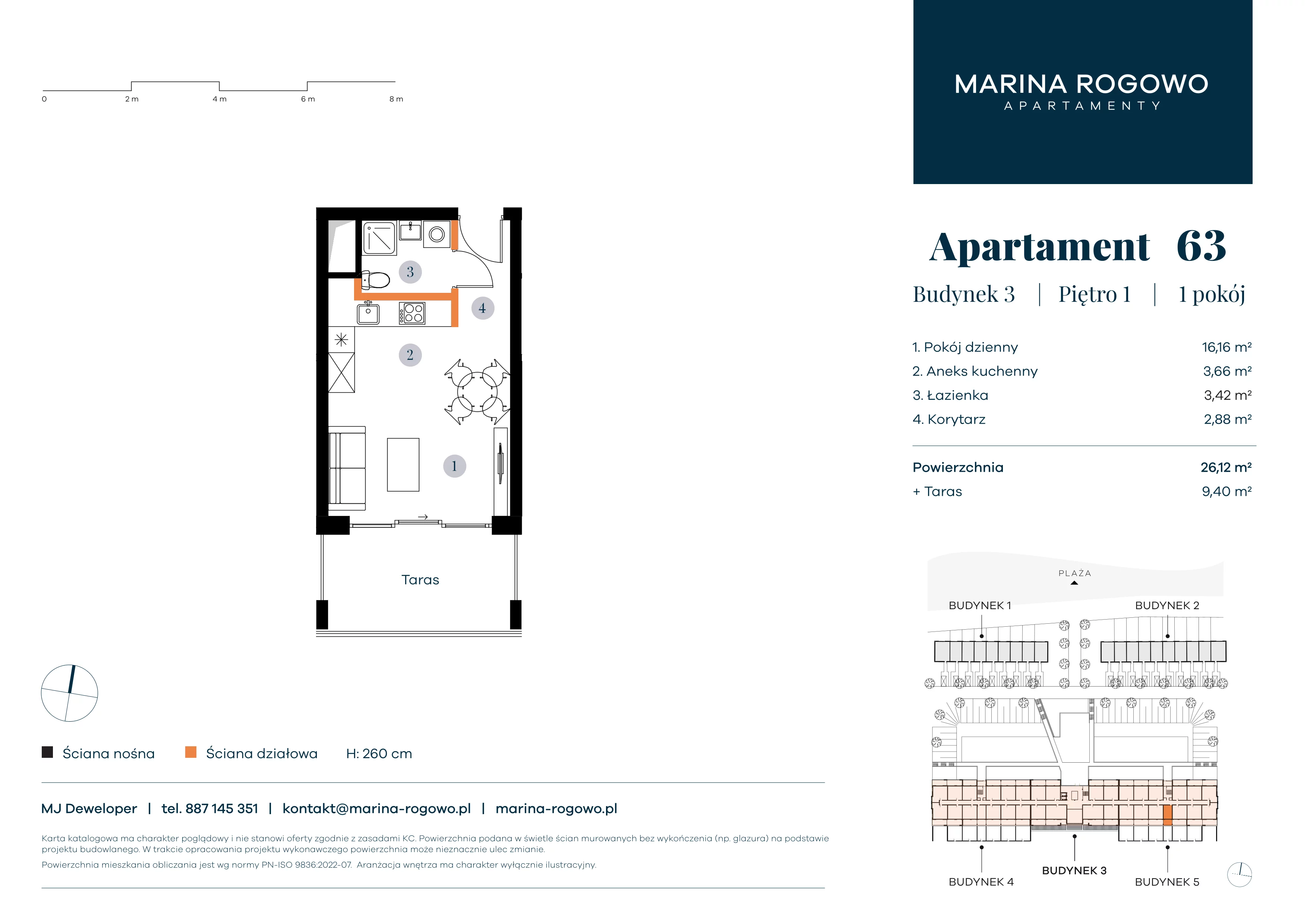 1 pokój, apartament 26,12 m², piętro 1, oferta nr 63, Apartamenty Marina Rogowo, Rogowo, ul. Kołobrzeska