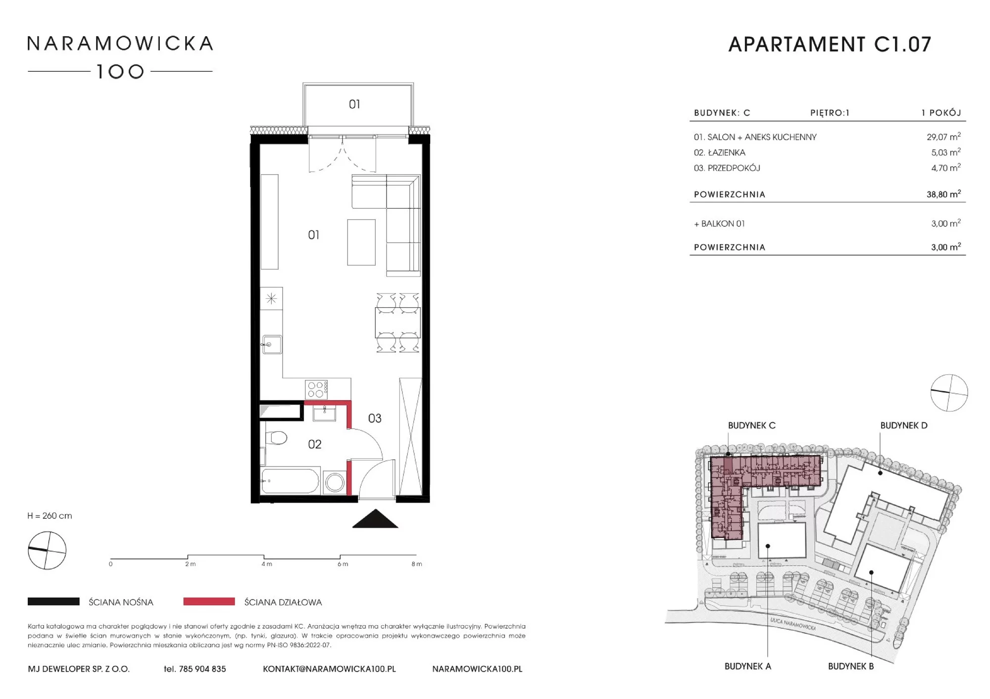 Mieszkanie 38,80 m², piętro 1, oferta nr C 1.07, Naramowicka 100, Poznań, Winogrady, Winogrady, ul. Naramowicka 100