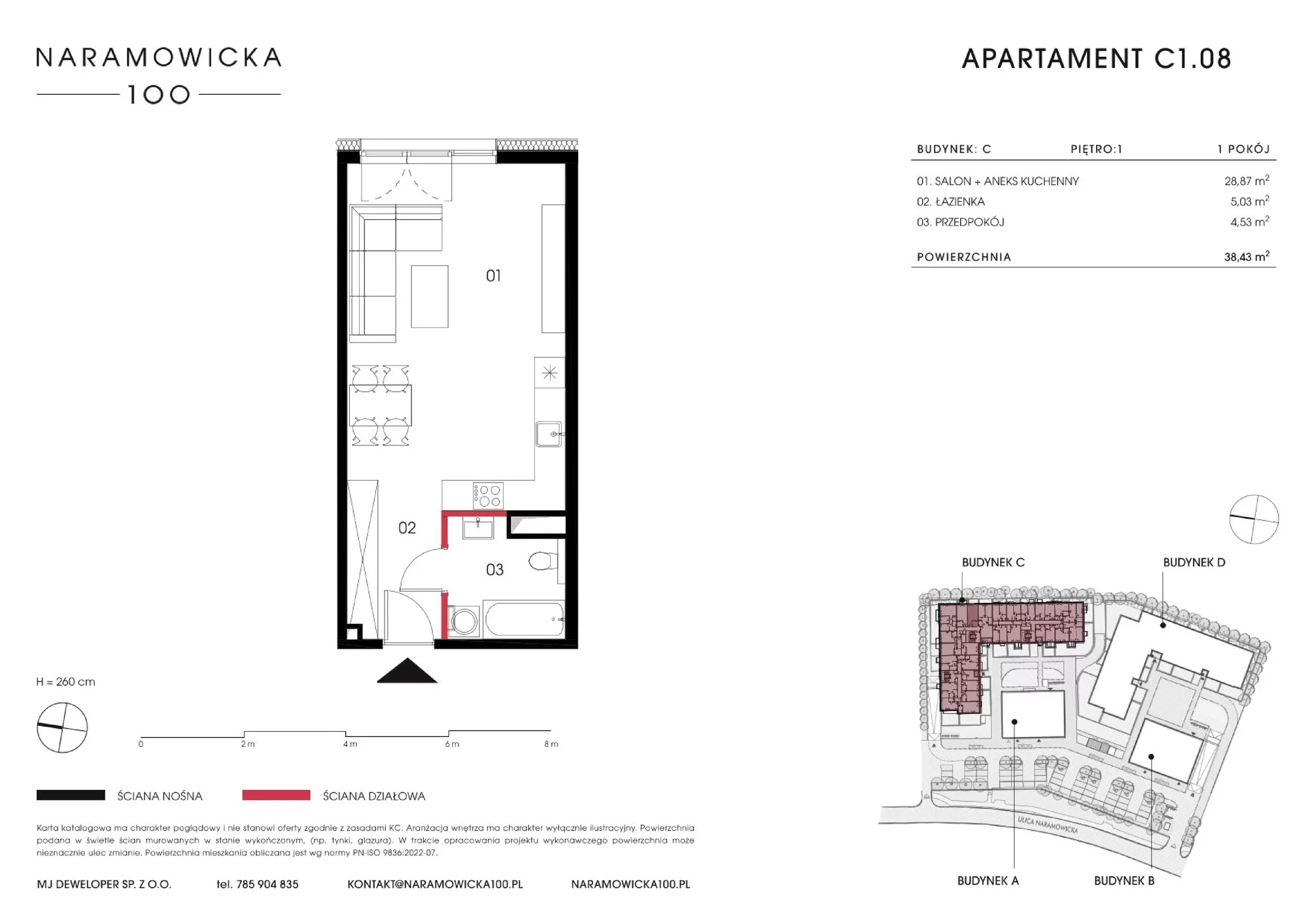 Mieszkanie 38,43 m², piętro 1, oferta nr C 1.08, Naramowicka 100, Poznań, Winogrady, Winogrady, ul. Naramowicka 100