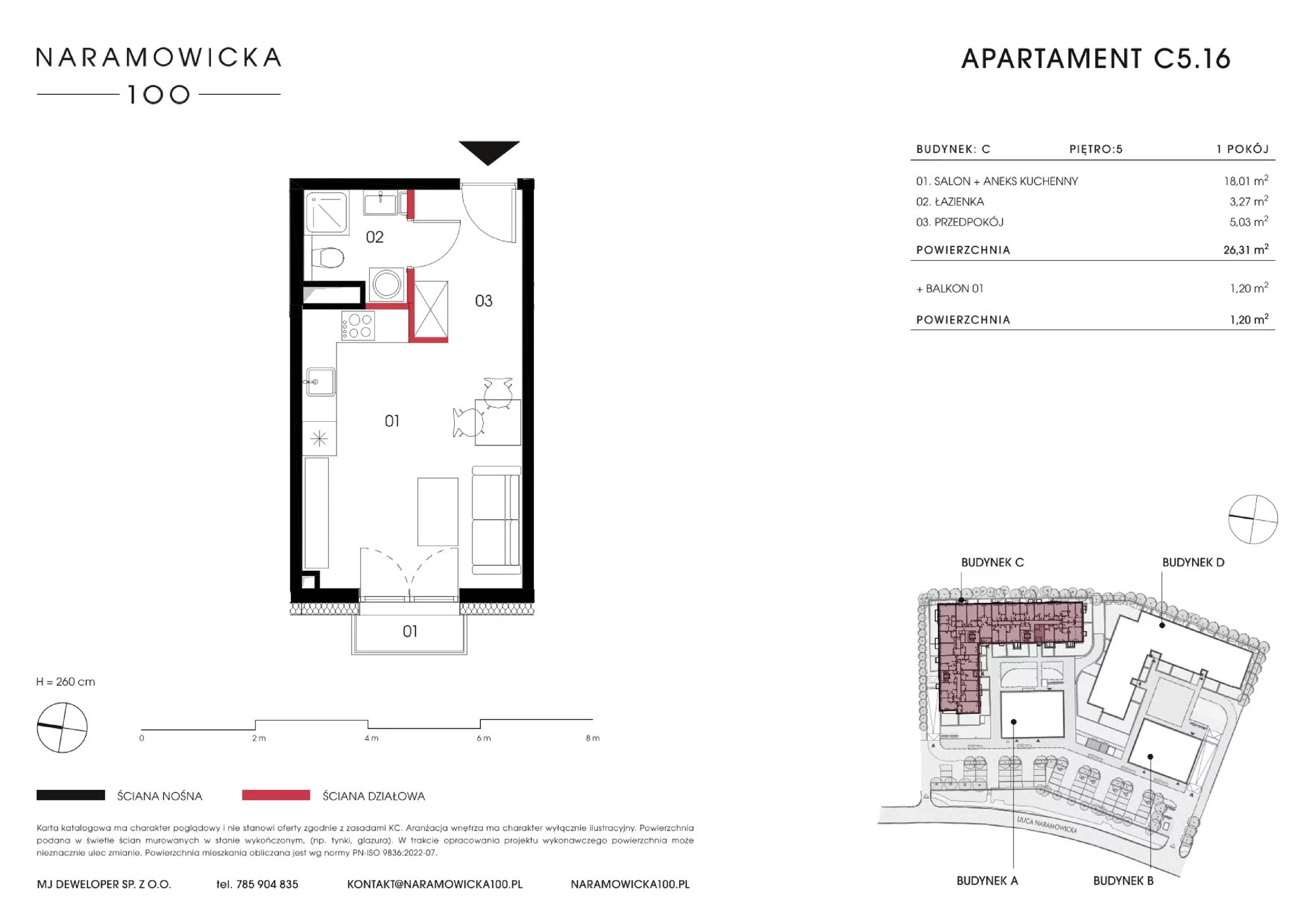 Mieszkanie 26,31 m², piętro 5, oferta nr C 5.16, Naramowicka 100, Poznań, Winogrady, Winogrady, ul. Naramowicka 100