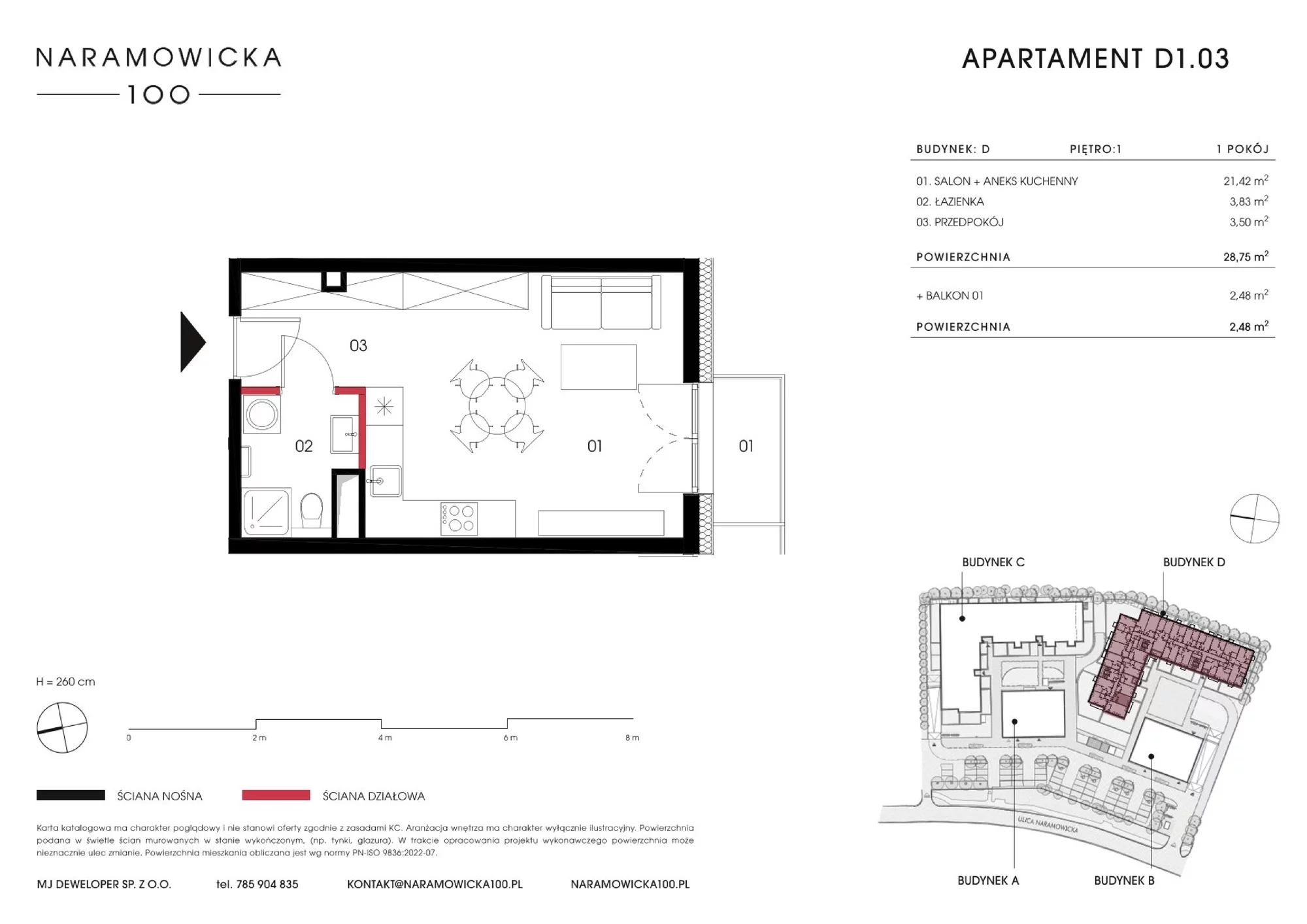 Mieszkanie 28,65 m², piętro 1, oferta nr D 1.03, Naramowicka, Poznań, Winogrady, Winogrady, ul. Naramowicka 100