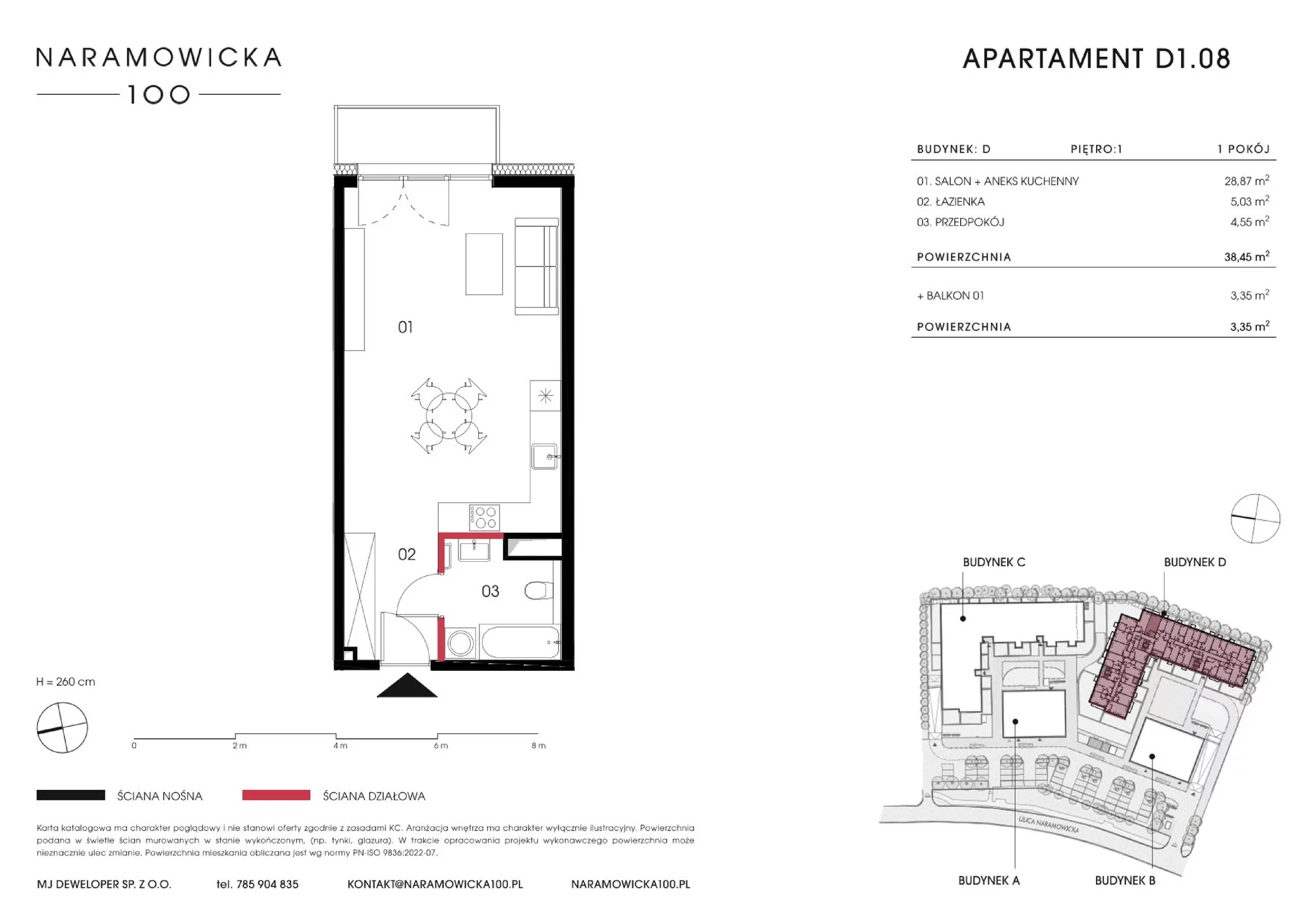 Mieszkanie 38,45 m², piętro 1, oferta nr D 1.08, Naramowicka 100, Poznań, Winogrady, Winogrady, ul. Naramowicka 100