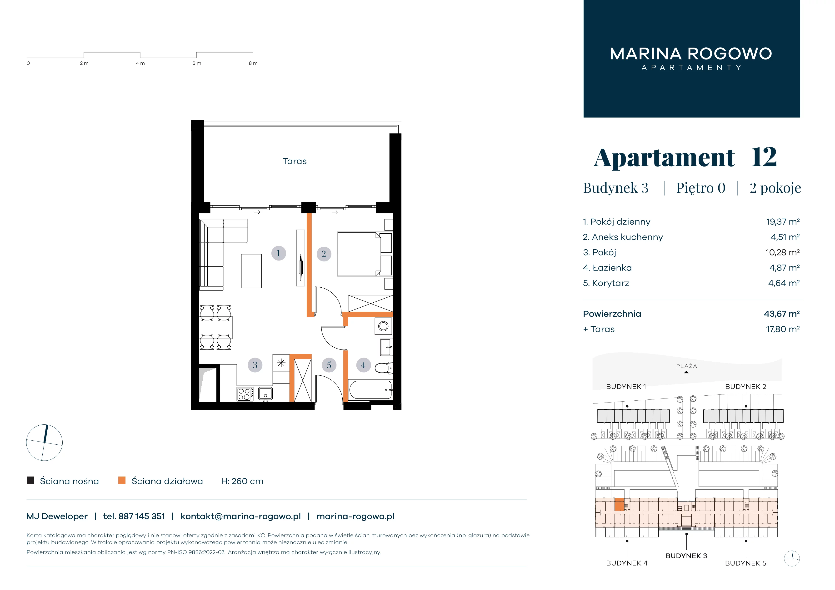 2 pokoje, apartament 43,67 m², parter, oferta nr 12, Apartamenty Marina Rogowo, Rogowo, ul. Kołobrzeska