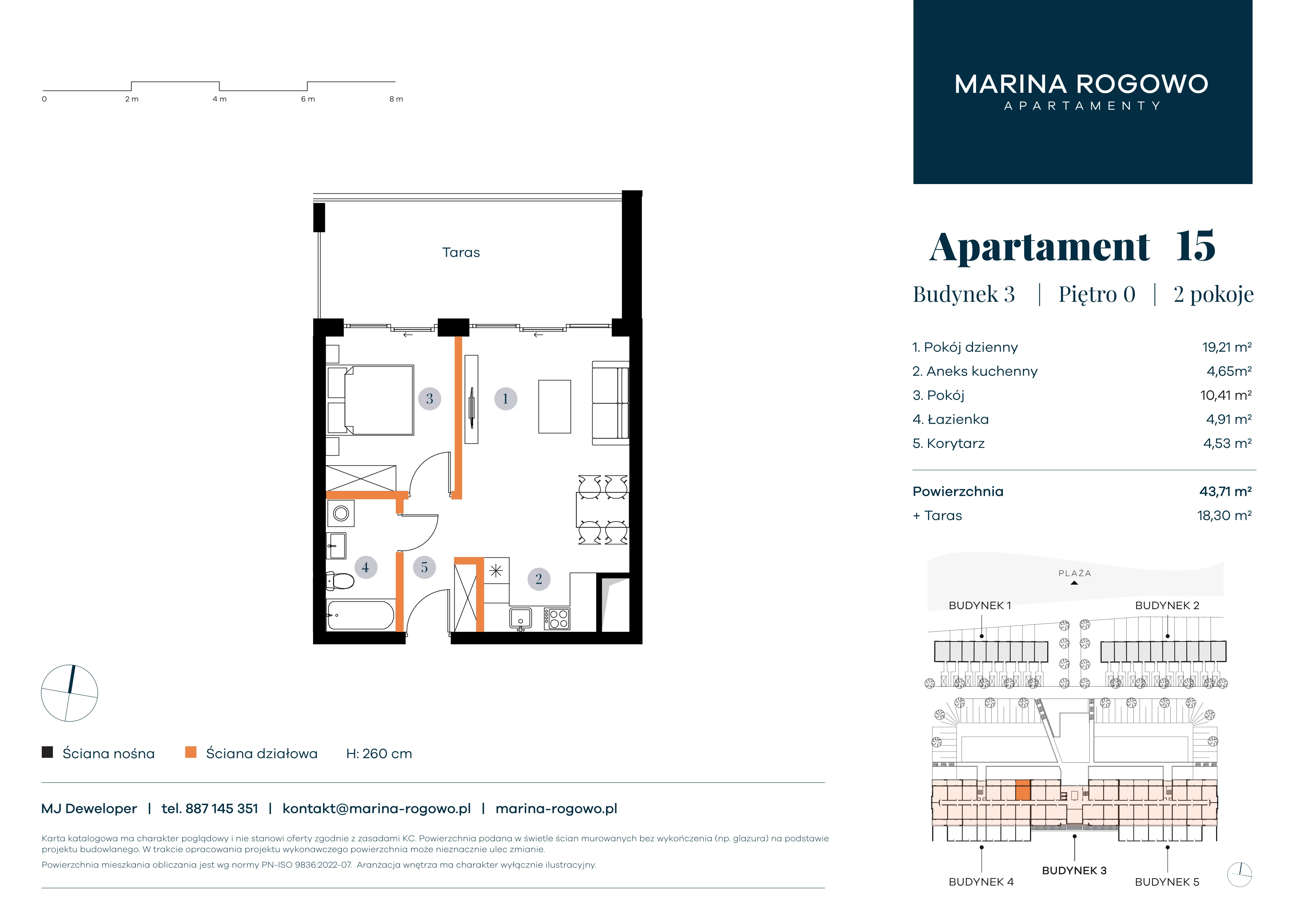 2 pokoje, apartament 43,71 m², parter, oferta nr 15, Apartamenty Marina Rogowo, Rogowo, ul. Kołobrzeska