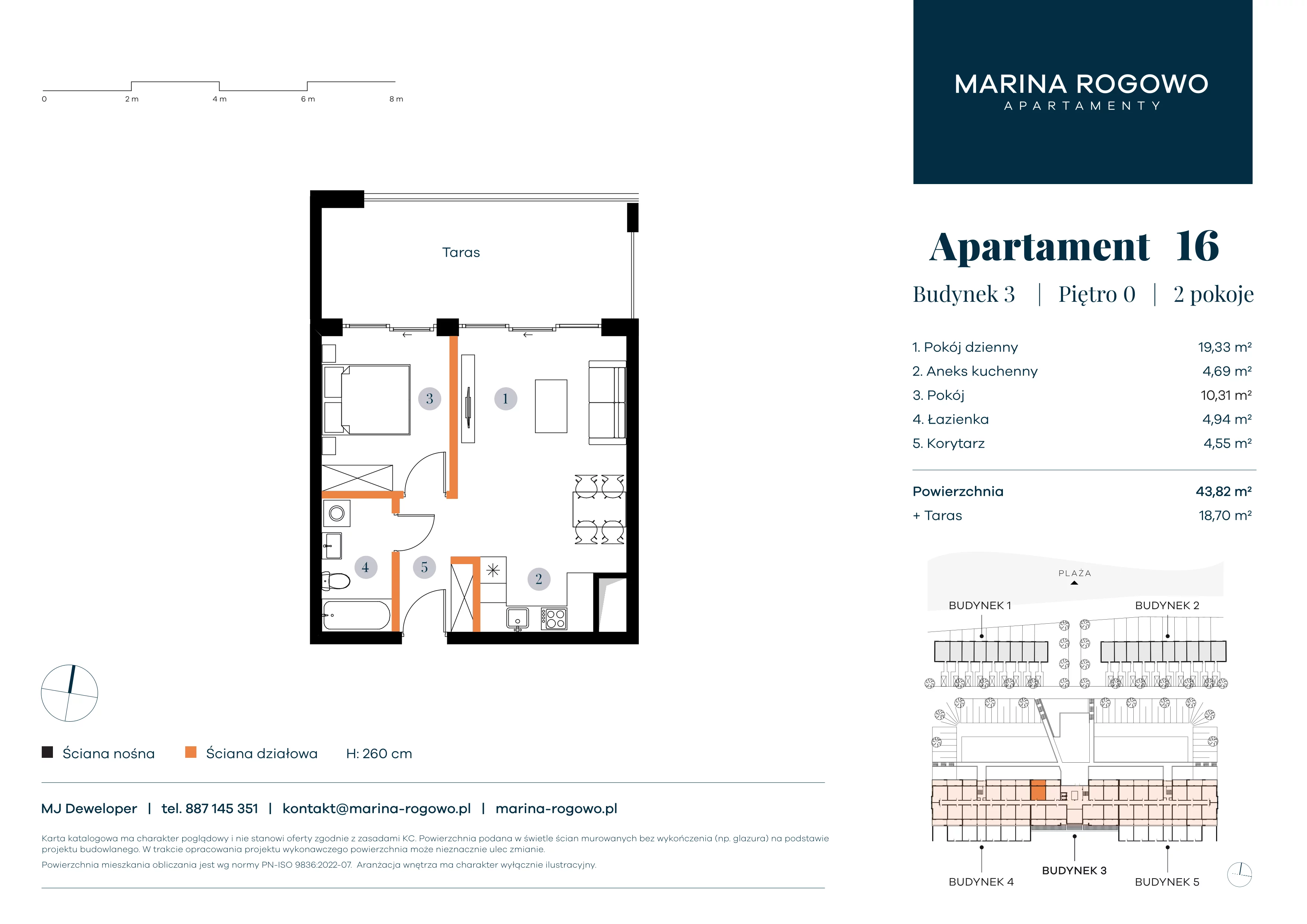 2 pokoje, apartament 43,82 m², parter, oferta nr 16, Apartamenty Marina Rogowo, Rogowo, ul. Kołobrzeska