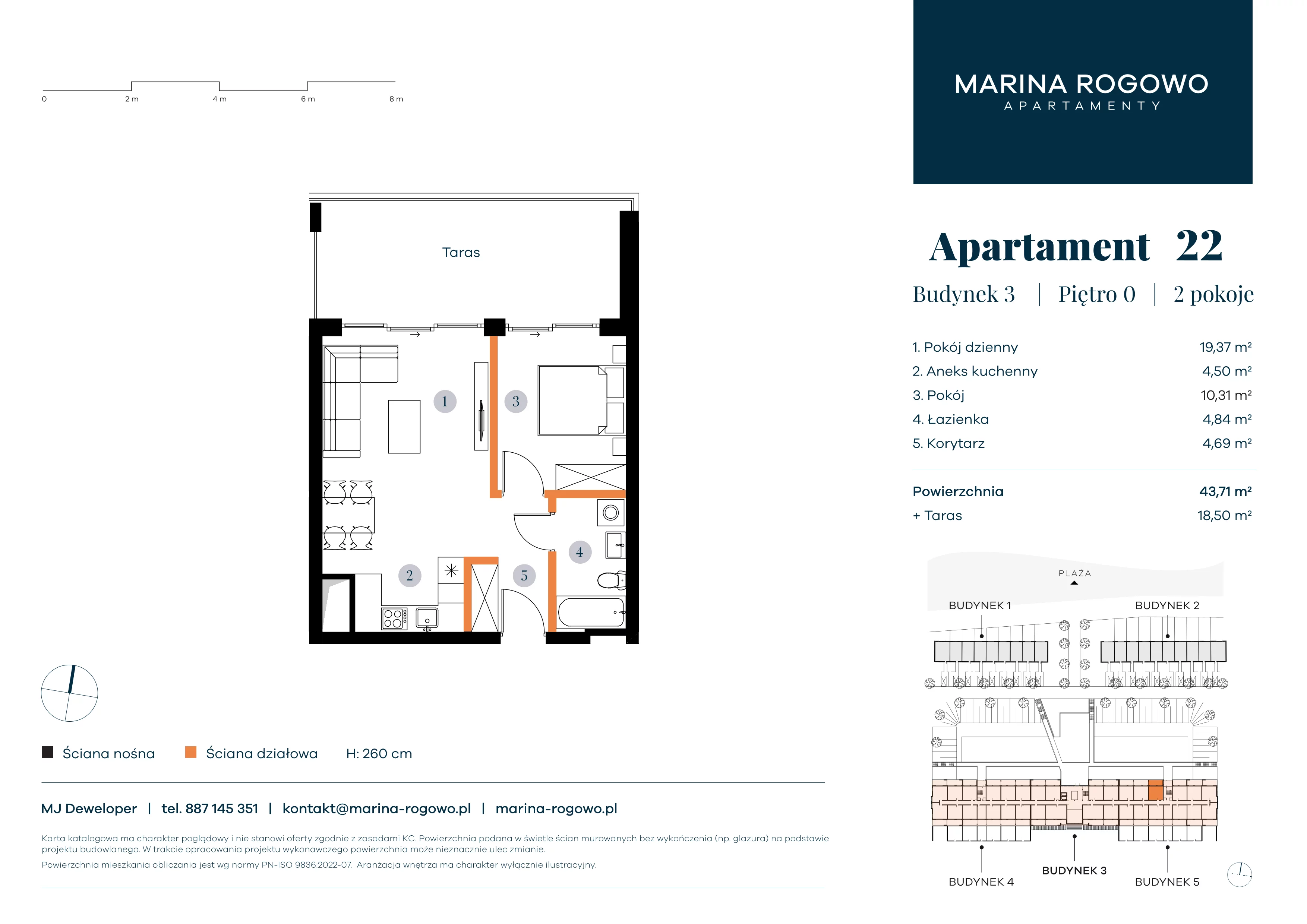 2 pokoje, apartament 43,71 m², parter, oferta nr 22, Apartamenty Marina Rogowo, Rogowo, ul. Kołobrzeska
