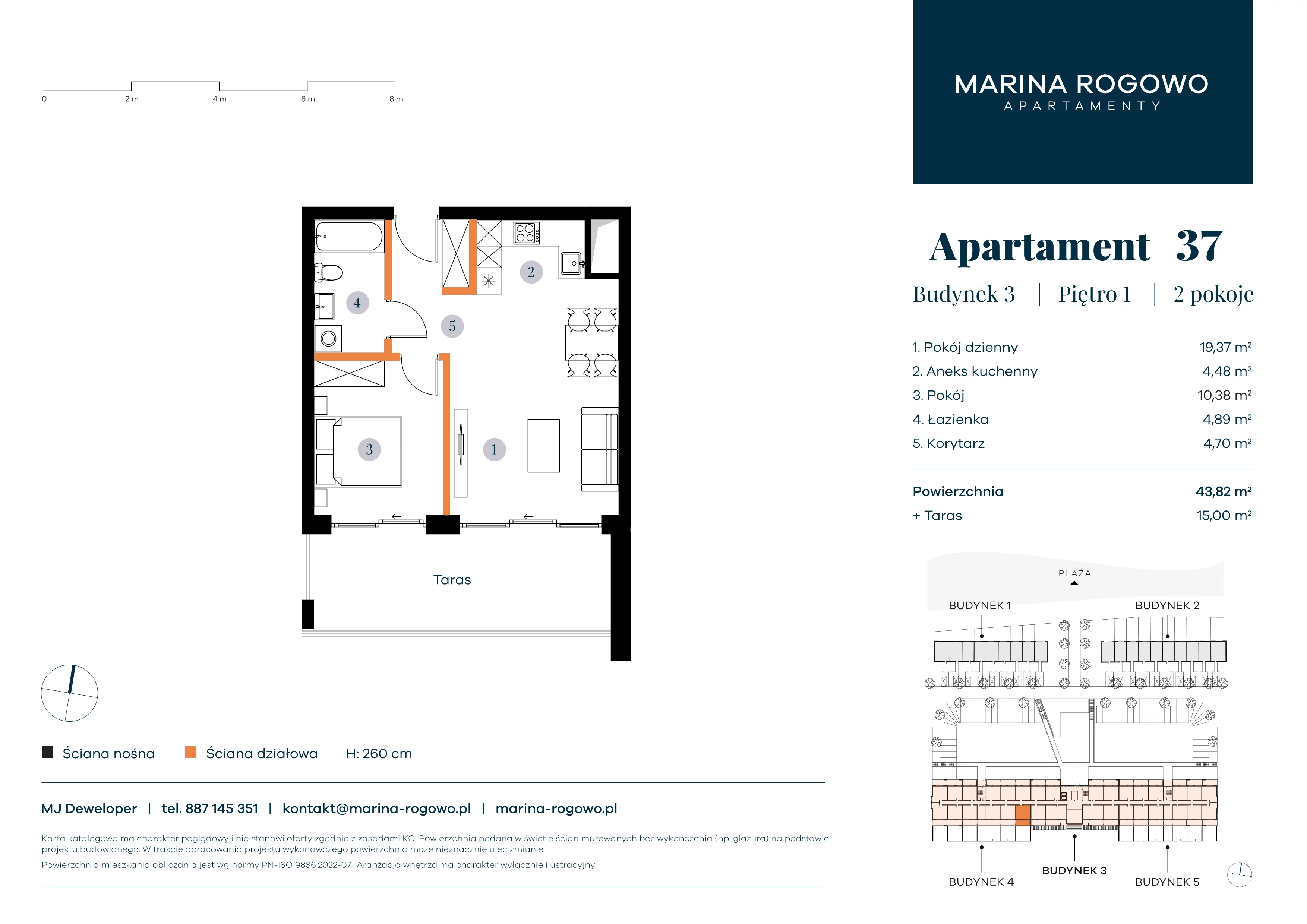 2 pokoje, apartament 43,82 m², piętro 1, oferta nr 37, Apartamenty Marina Rogowo, Rogowo, ul. Kołobrzeska