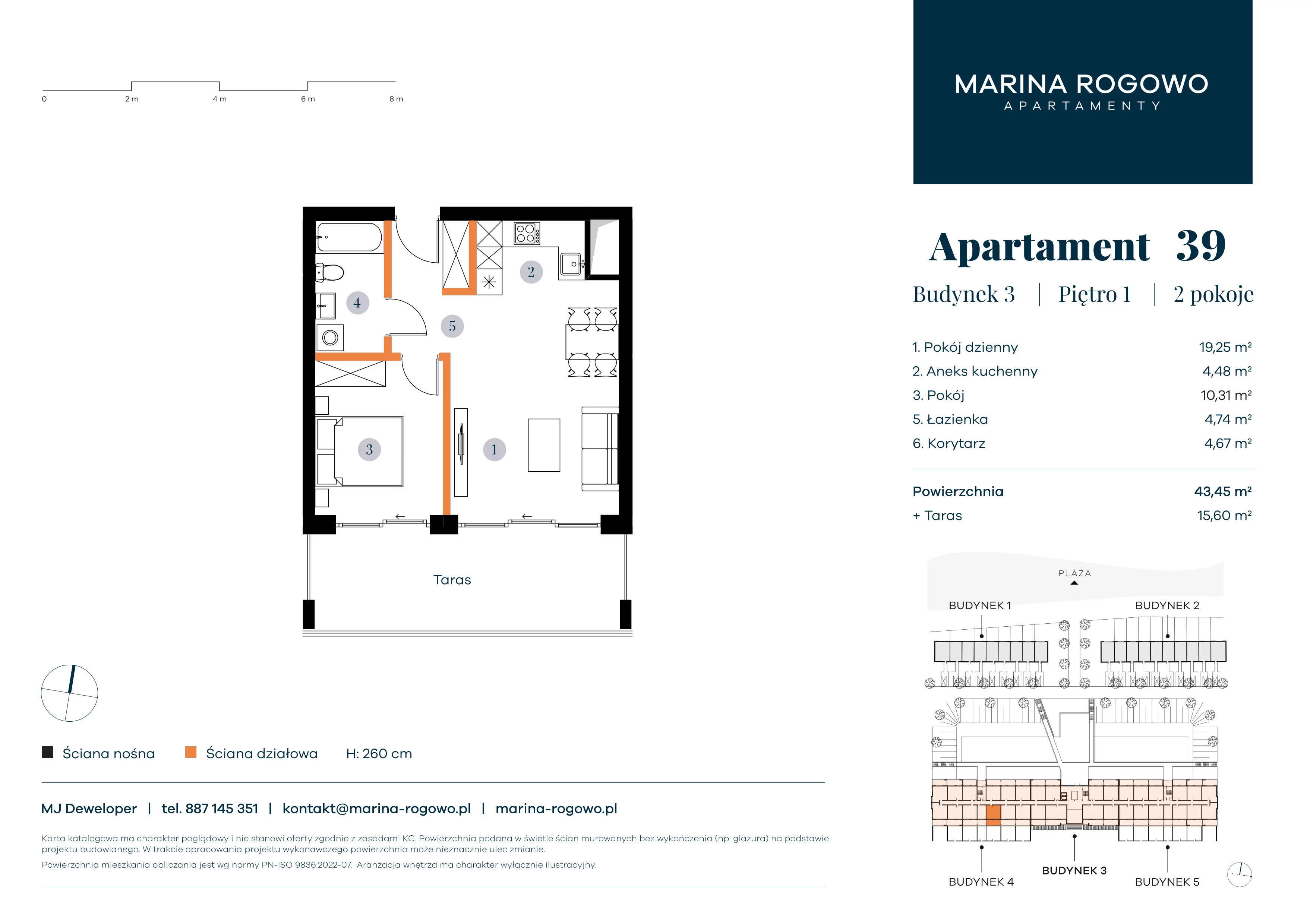 2 pokoje, apartament 43,45 m², piętro 1, oferta nr 39, Apartamenty Marina Rogowo, Rogowo, ul. Kołobrzeska