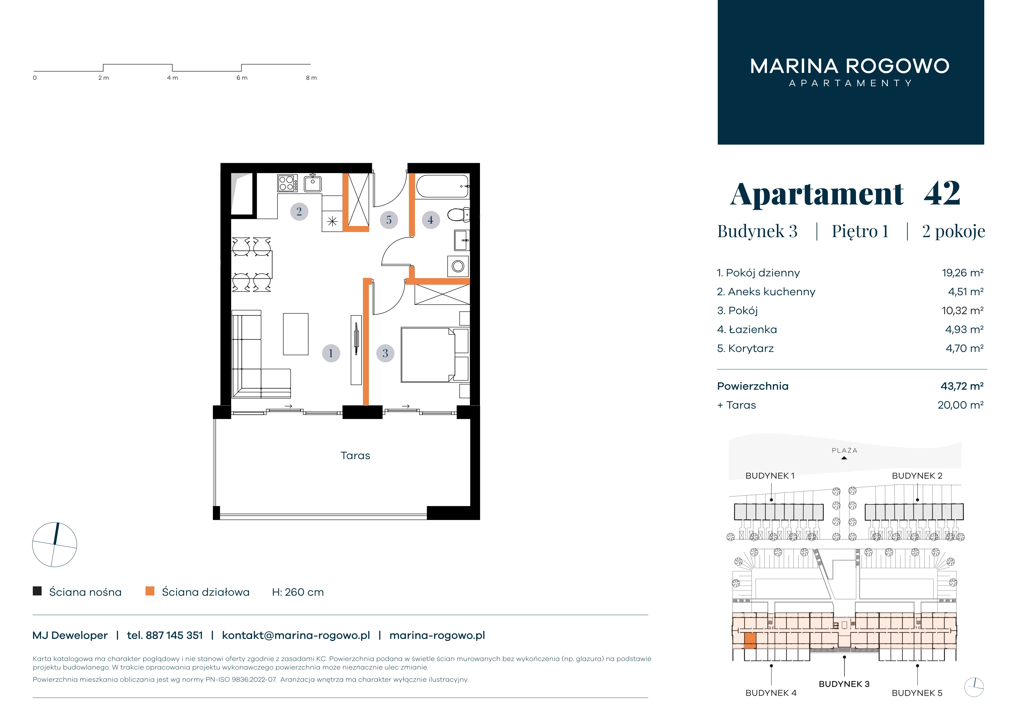 2 pokoje, apartament 43,72 m², piętro 1, oferta nr 42, Apartamenty Marina Rogowo, Rogowo, ul. Kołobrzeska