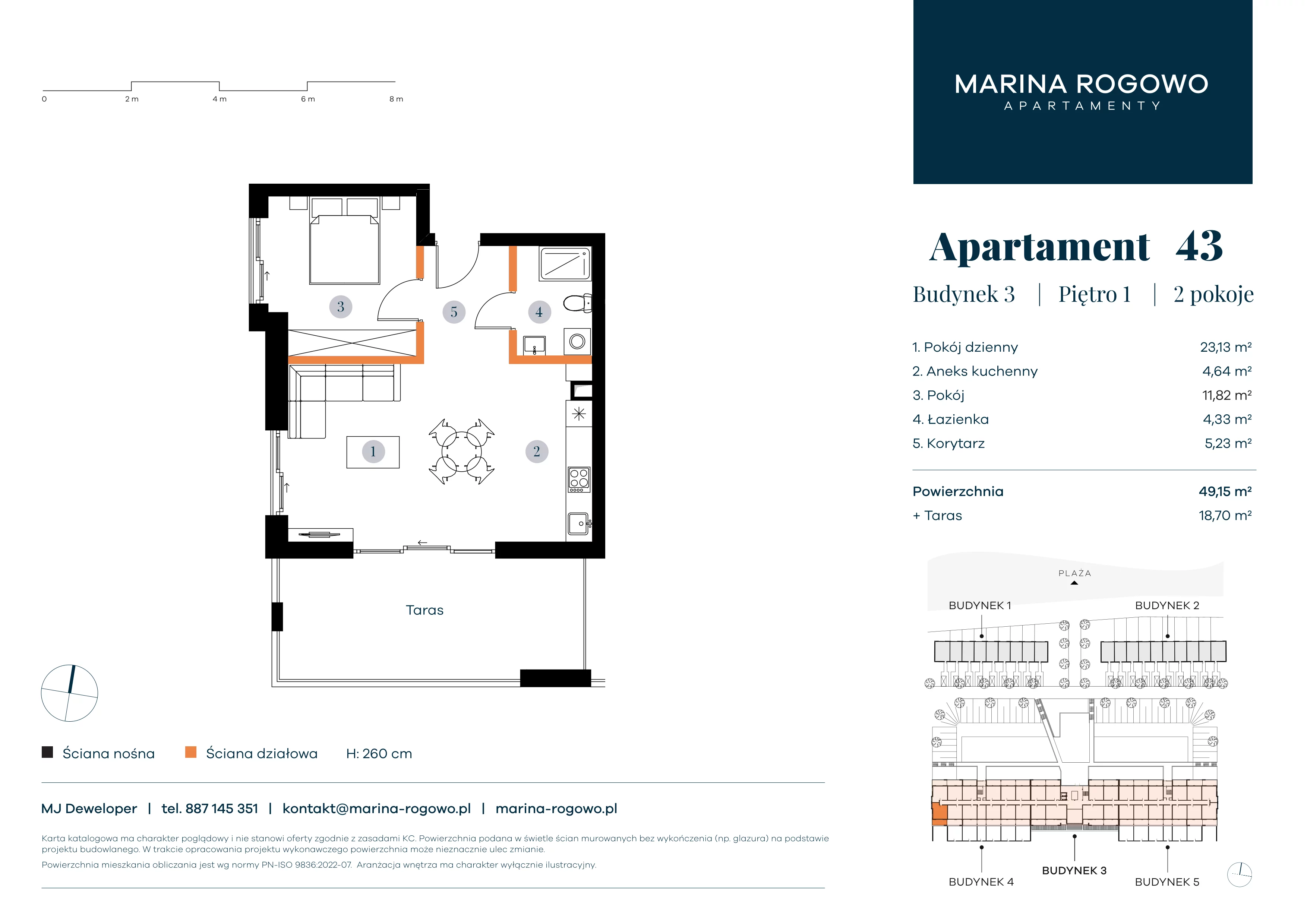2 pokoje, apartament 49,15 m², piętro 1, oferta nr 43, Apartamenty Marina Rogowo, Rogowo, ul. Kołobrzeska