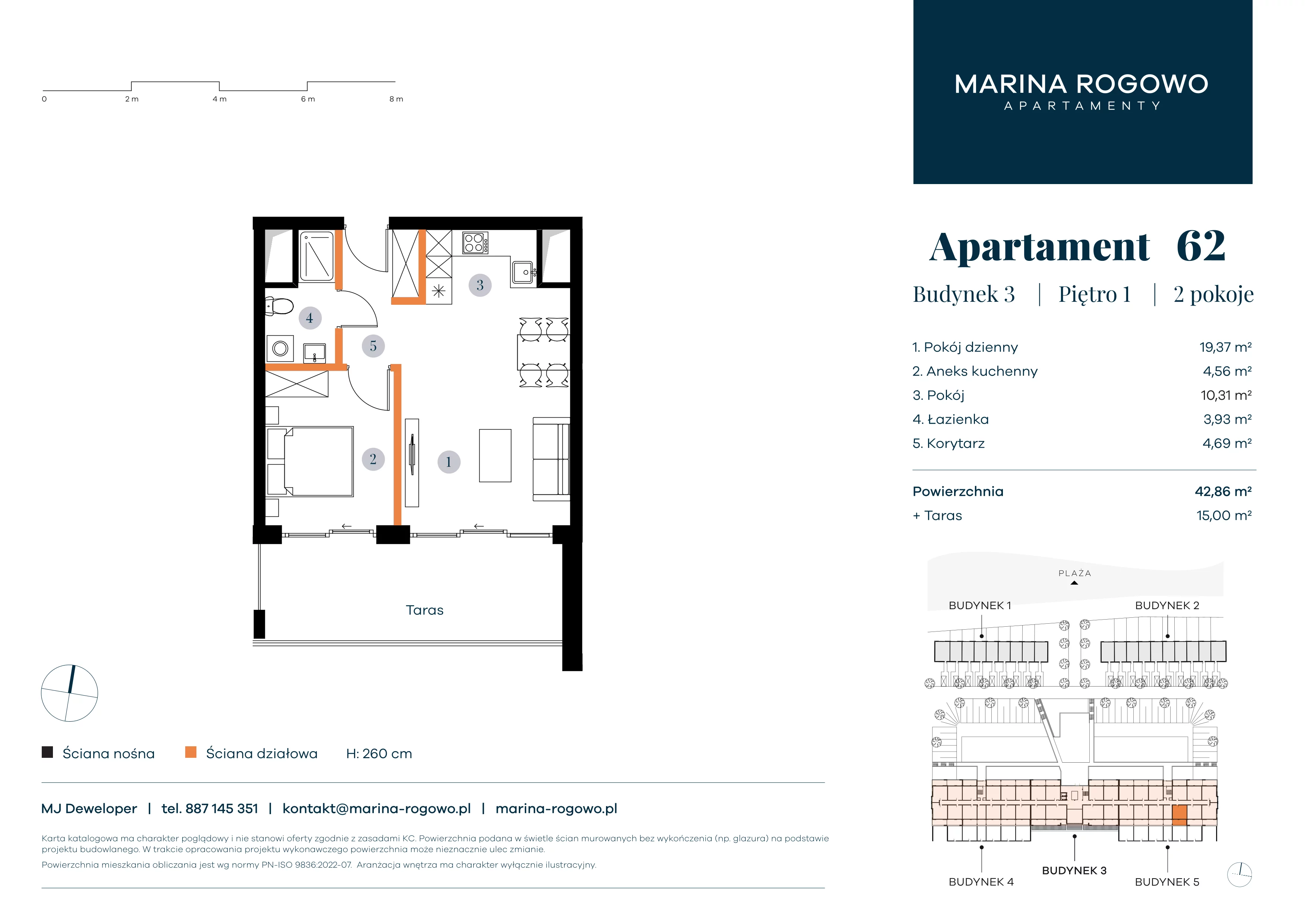2 pokoje, apartament 42,86 m², piętro 1, oferta nr 62, Apartamenty Marina Rogowo, Rogowo, ul. Kołobrzeska
