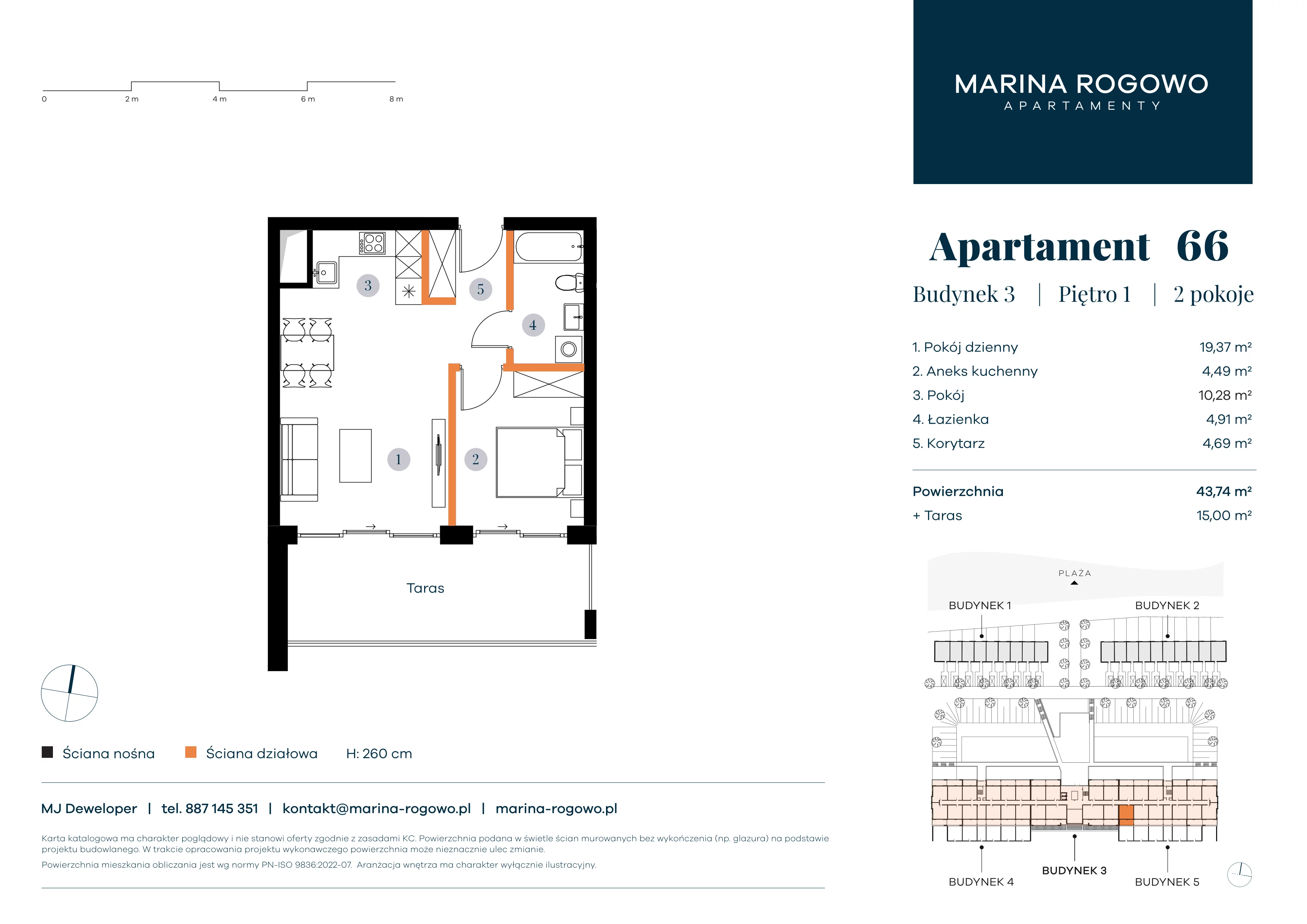 2 pokoje, apartament 43,74 m², piętro 1, oferta nr 66, Apartamenty Marina Rogowo, Rogowo, ul. Kołobrzeska