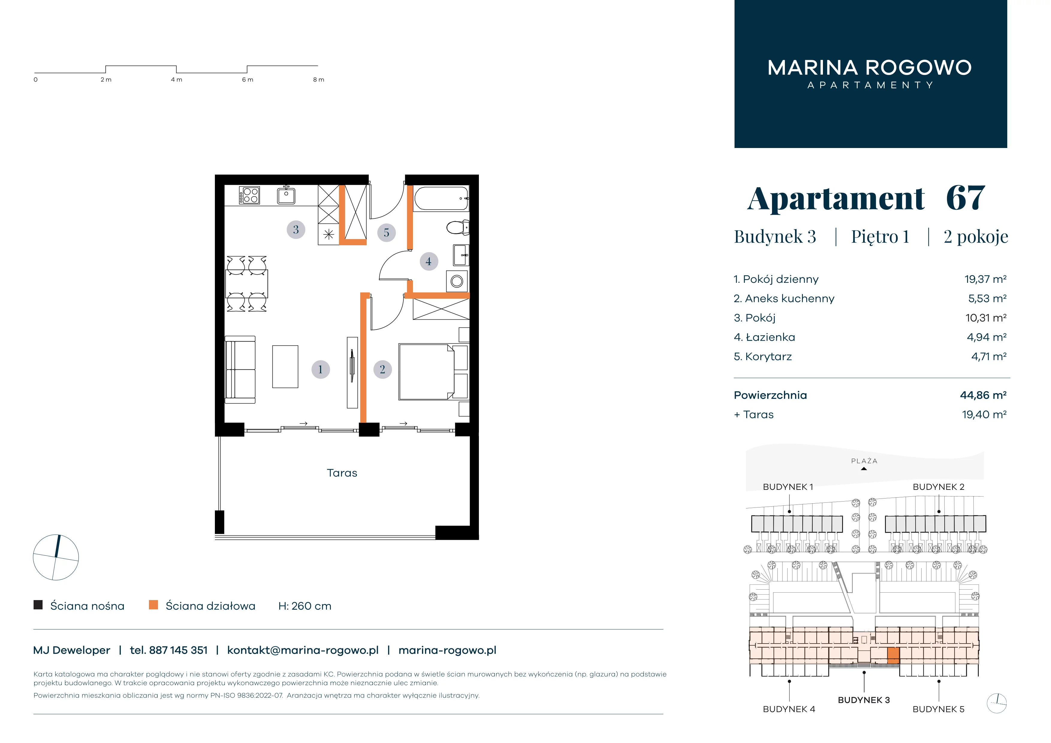 2 pokoje, apartament 44,86 m², piętro 1, oferta nr 67, Apartamenty Marina Rogowo, Rogowo, ul. Kołobrzeska