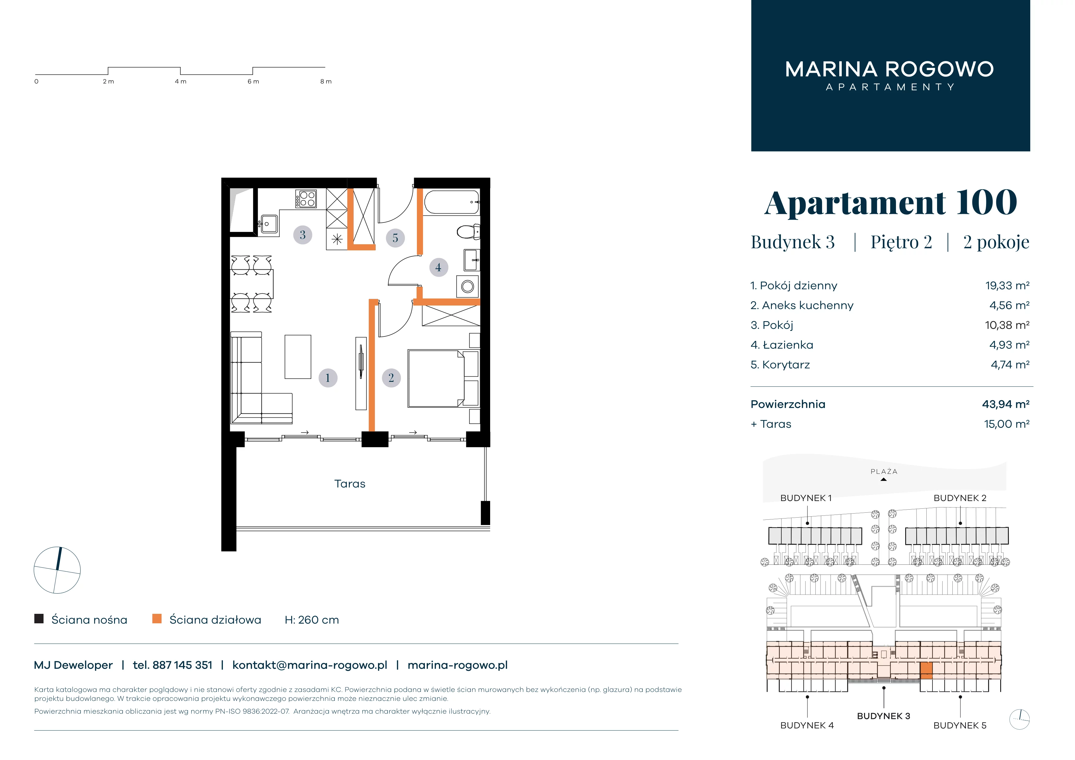 2 pokoje, apartament 43,94 m², piętro 2, oferta nr 100, Apartamenty Marina Rogowo, Rogowo, ul. Kołobrzeska