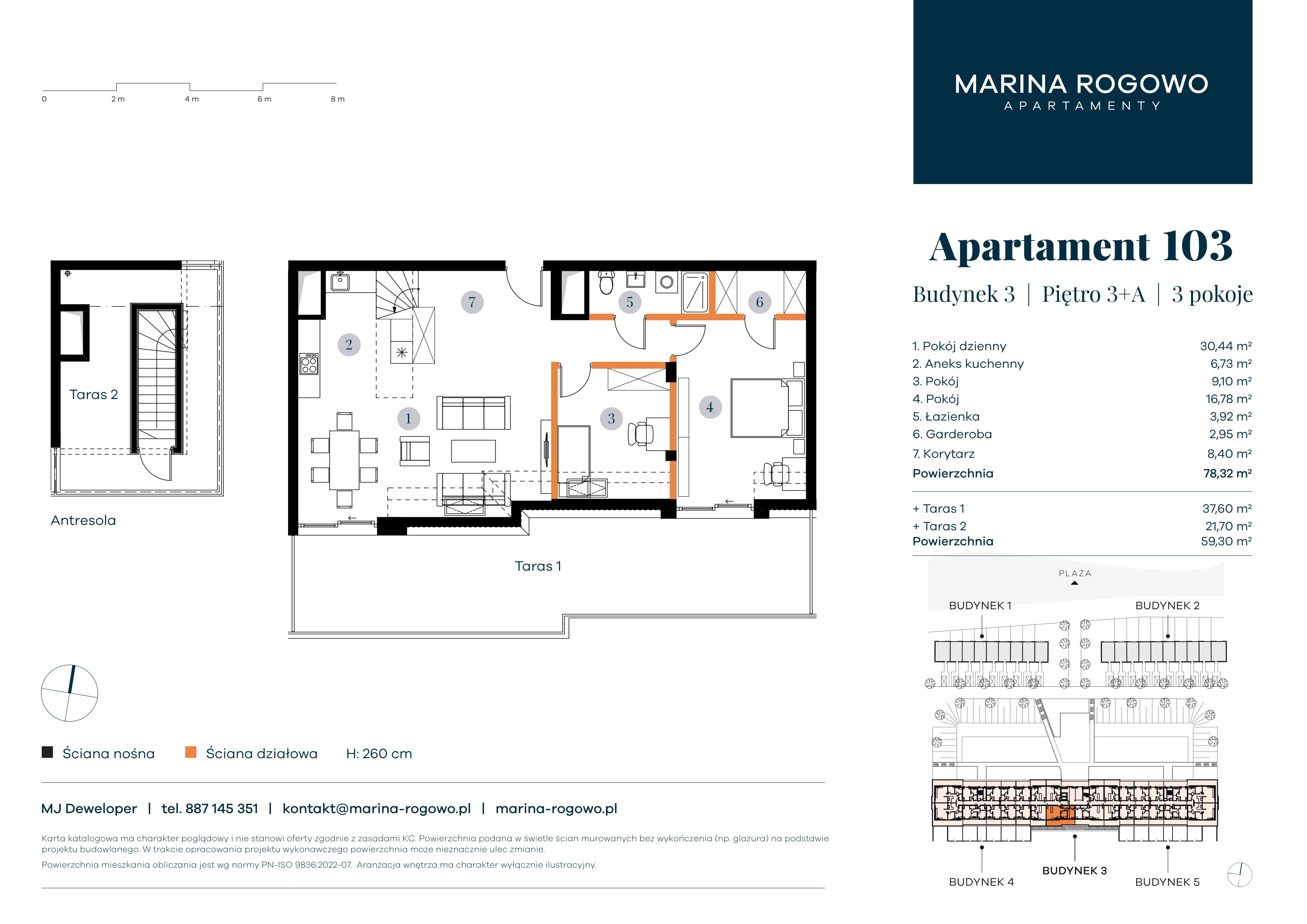 2 pokoje, apartament 78,32 m², piętro 3, oferta nr 103, Apartamenty Marina Rogowo, Rogowo, ul. Kołobrzeska
