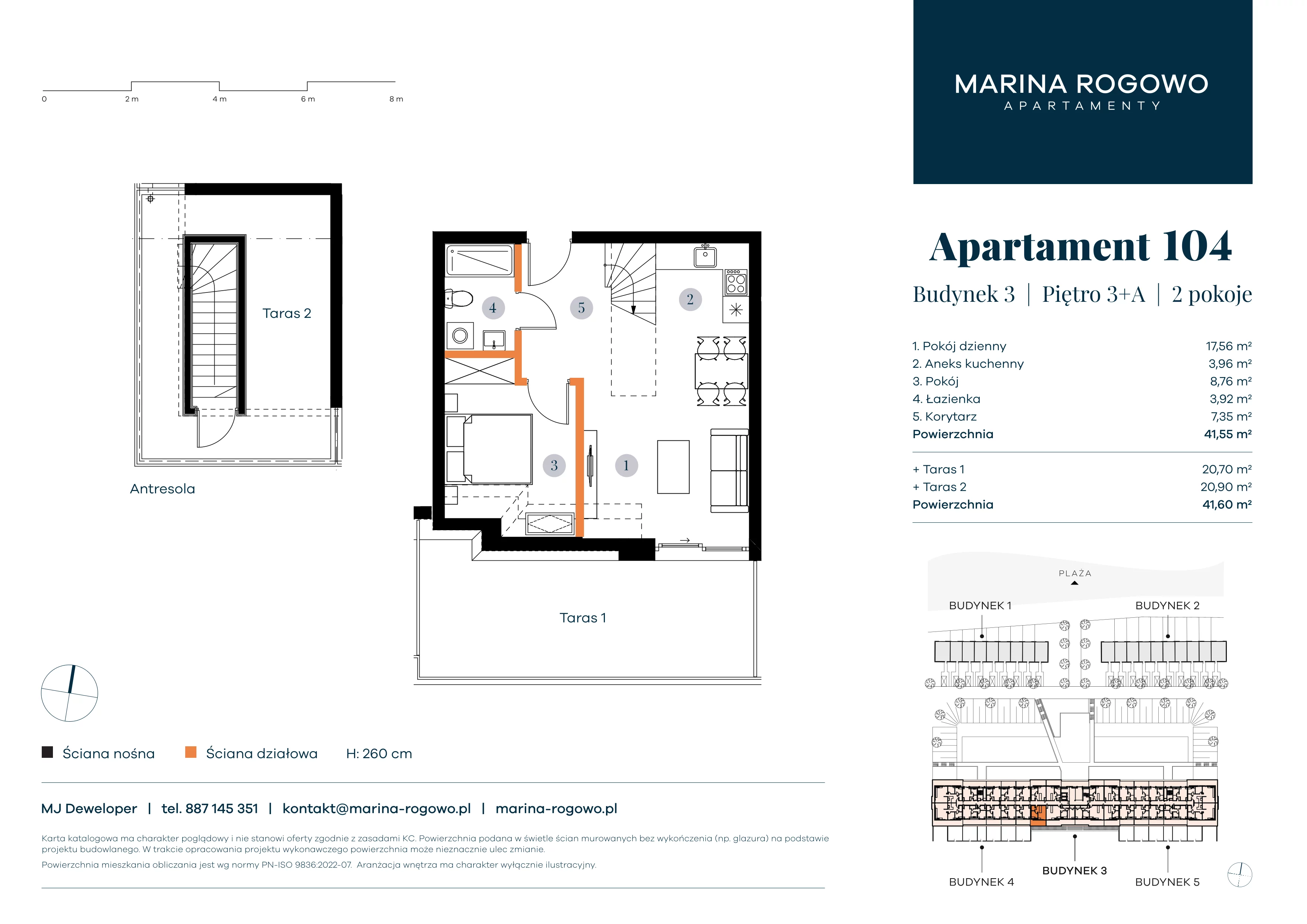 2 pokoje, apartament 41,55 m², piętro 3, oferta nr 104, Apartamenty Marina Rogowo, Rogowo, ul. Kołobrzeska