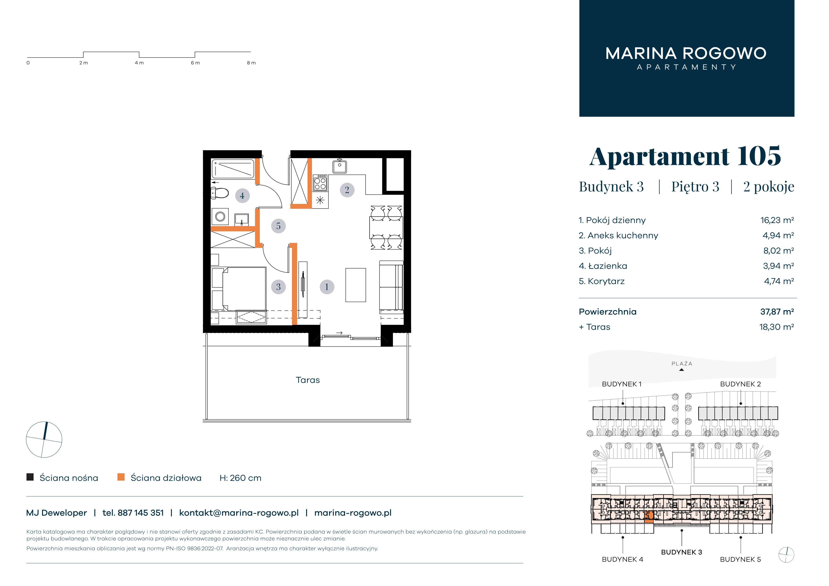 2 pokoje, apartament 37,87 m², piętro 3, oferta nr 105, Apartamenty Marina Rogowo, Rogowo, ul. Kołobrzeska
