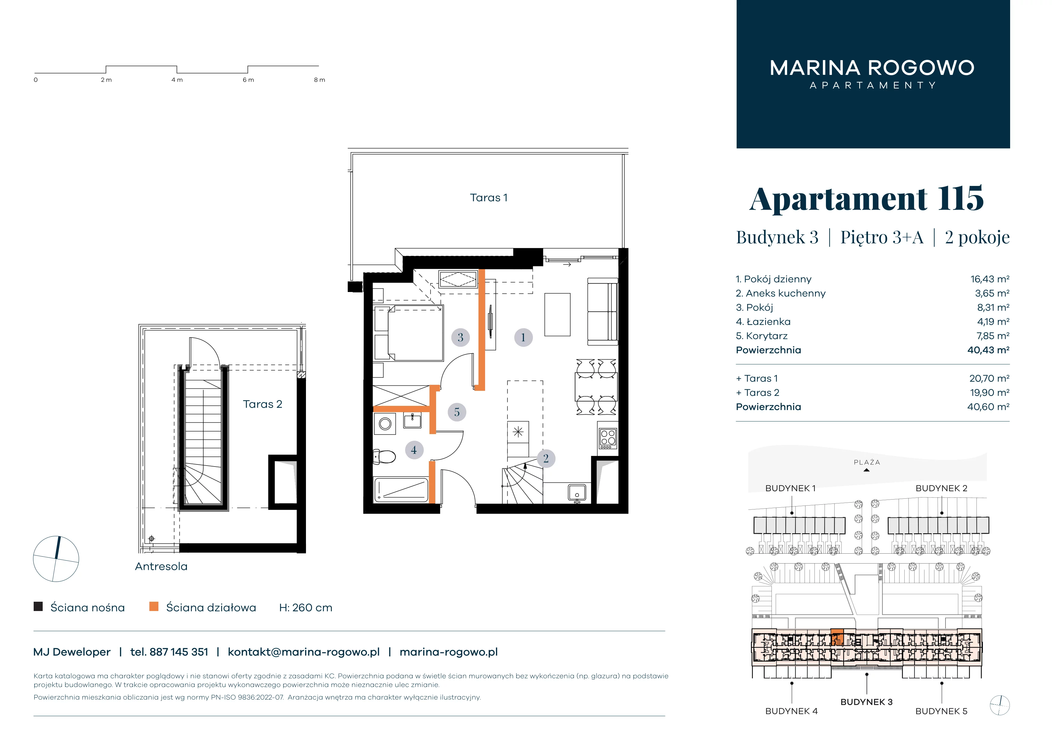 2 pokoje, apartament 40,43 m², piętro 3, oferta nr 115, Apartamenty Marina Rogowo, Rogowo, ul. Kołobrzeska