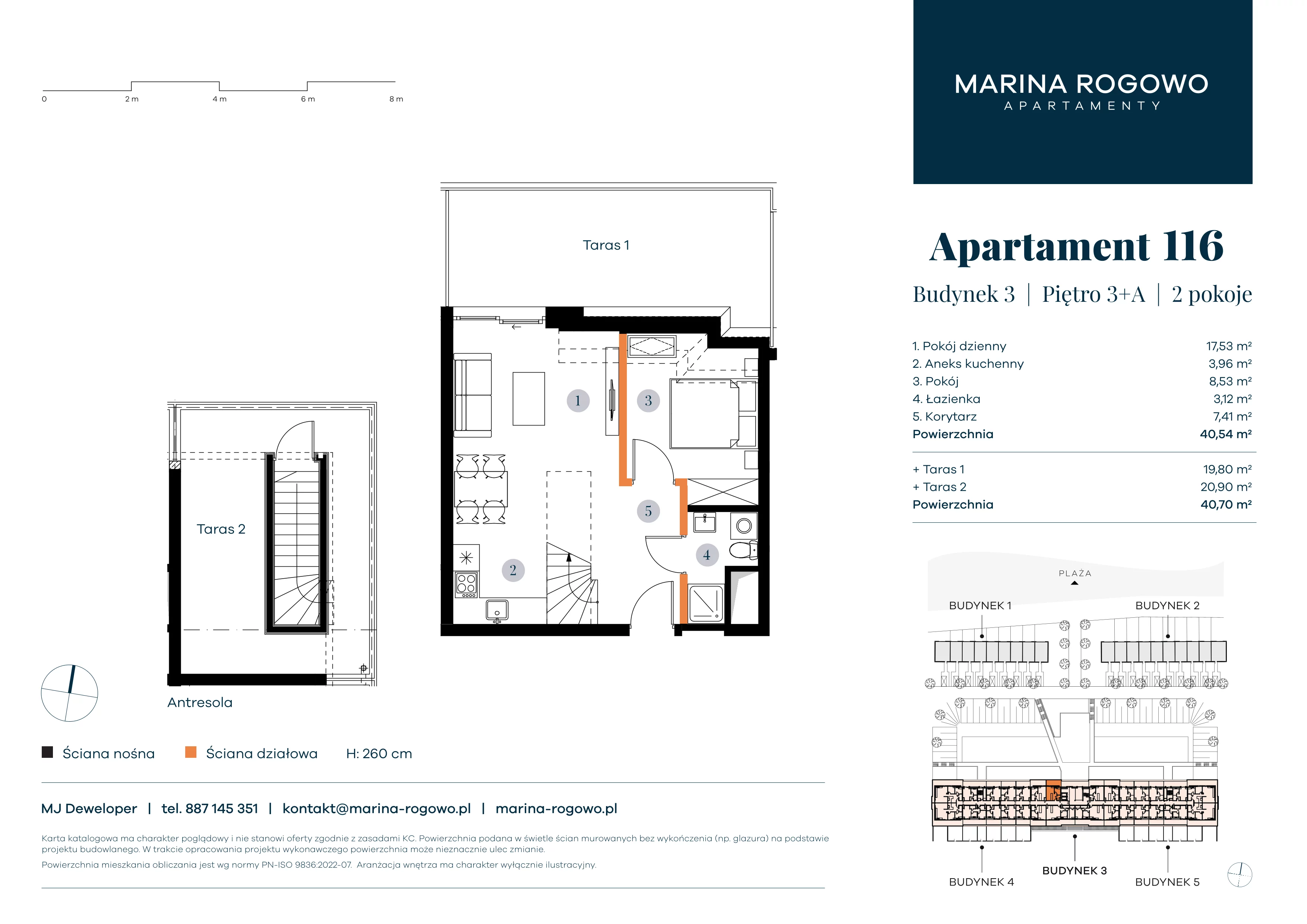 2 pokoje, apartament 40,54 m², piętro 3, oferta nr 116, Apartamenty Marina Rogowo, Rogowo, ul. Kołobrzeska