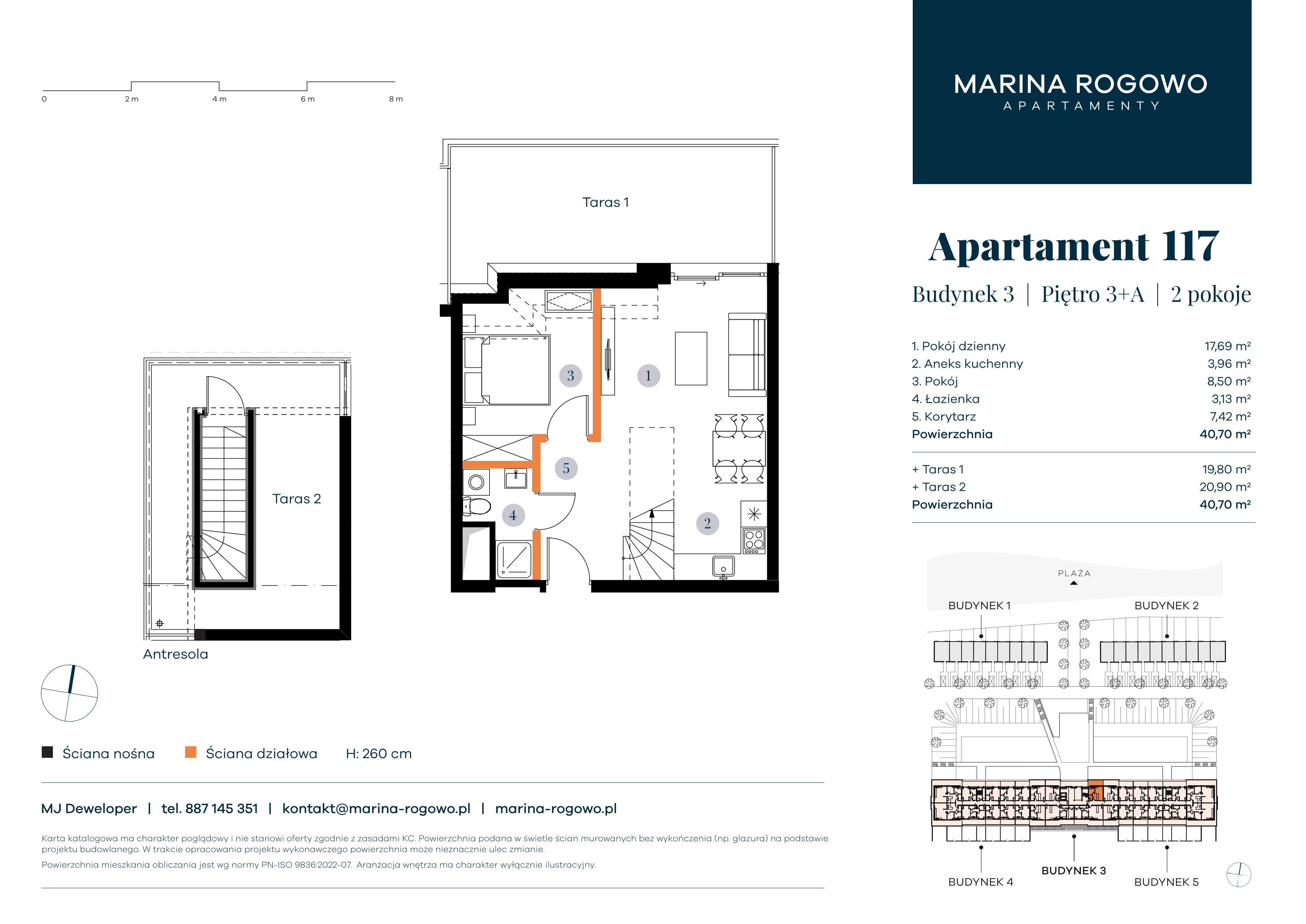 2 pokoje, apartament 40,70 m², piętro 3, oferta nr 117, Apartamenty Marina Rogowo, Rogowo, ul. Kołobrzeska