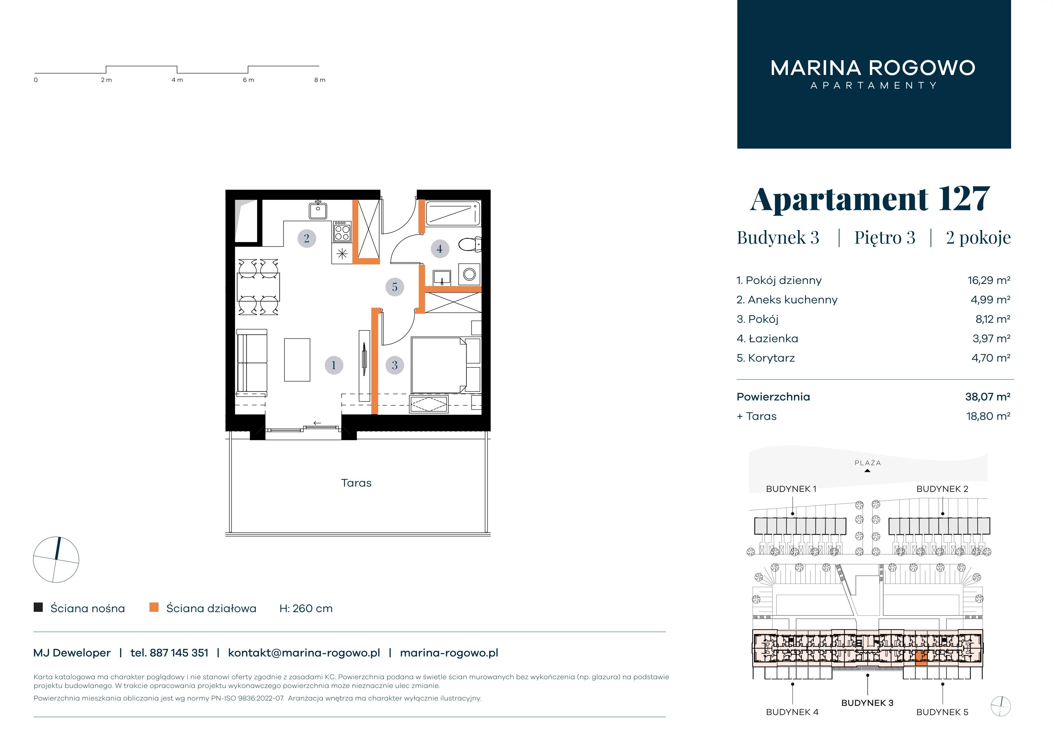 2 pokoje, apartament 38,07 m², piętro 3, oferta nr 127, Apartamenty Marina Rogowo, Rogowo, ul. Kołobrzeska
