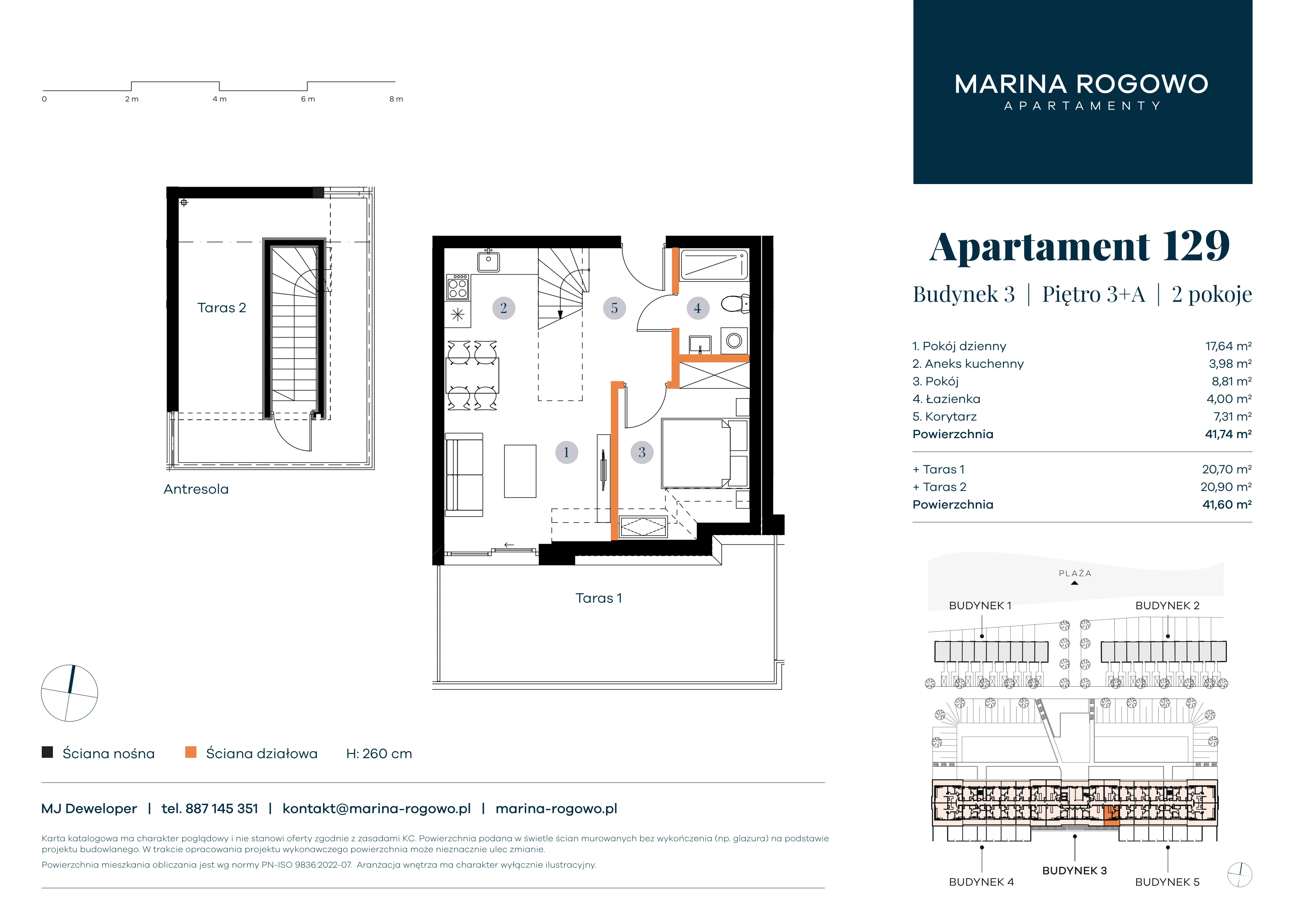 2 pokoje, apartament 41,74 m², piętro 3, oferta nr 129, Apartamenty Marina Rogowo, Rogowo, ul. Kołobrzeska