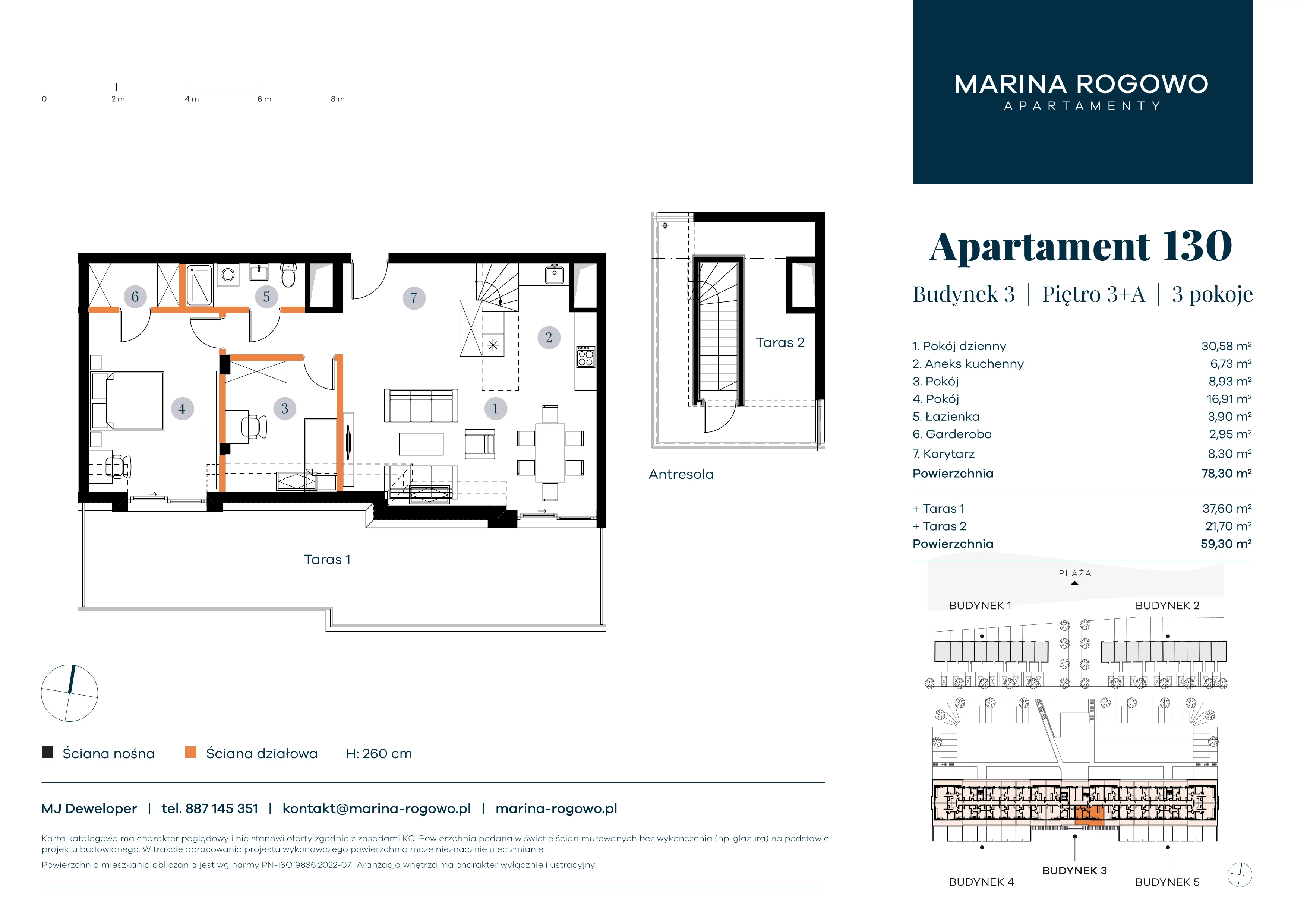 2 pokoje, apartament 78,30 m², piętro 3, oferta nr 130, Apartamenty Marina Rogowo, Rogowo, ul. Kołobrzeska