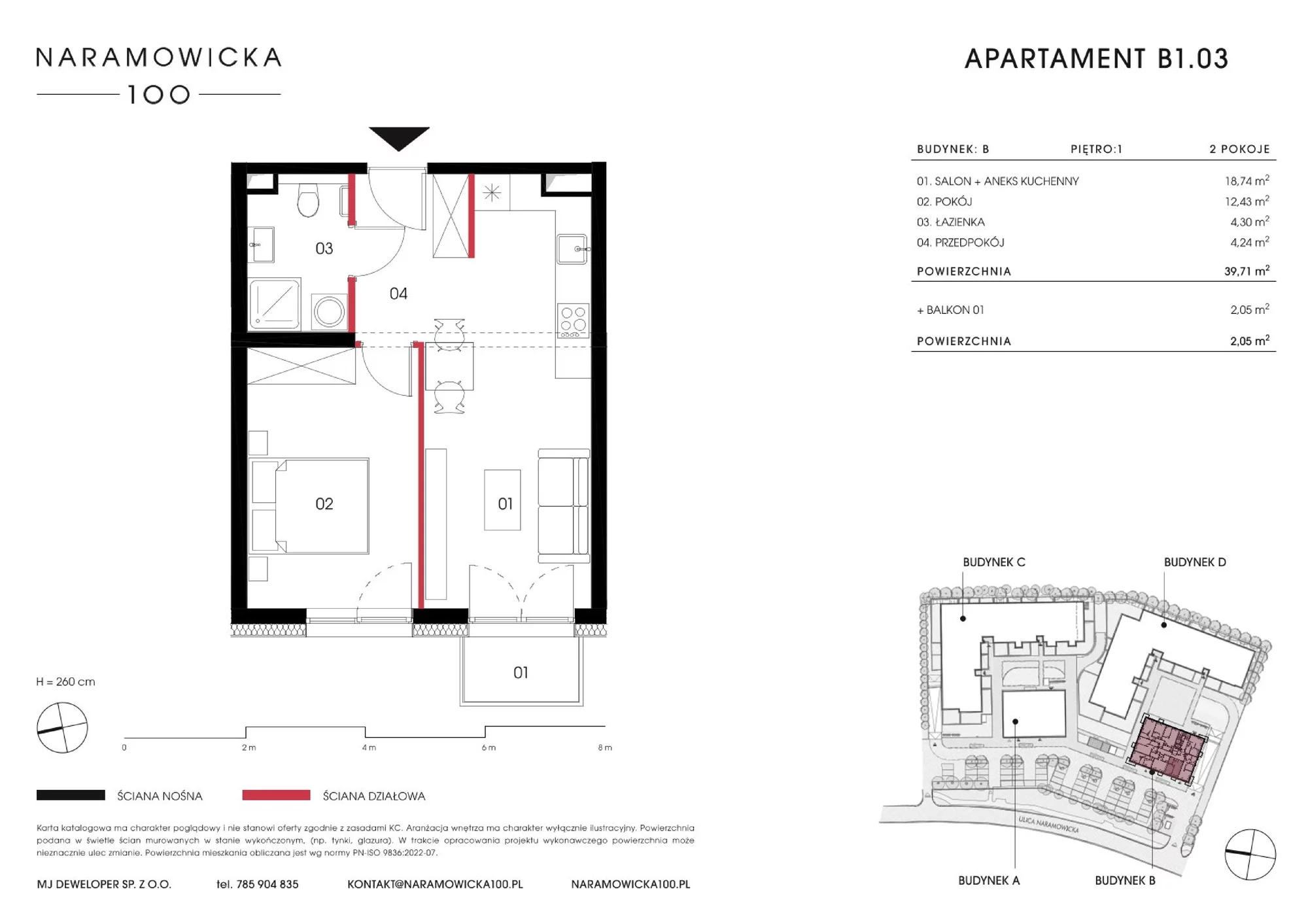 Mieszkanie 39,71 m², piętro 1, oferta nr B 1.03, Naramowicka 100, Poznań, Winogrady, Winogrady, ul. Naramowicka 100