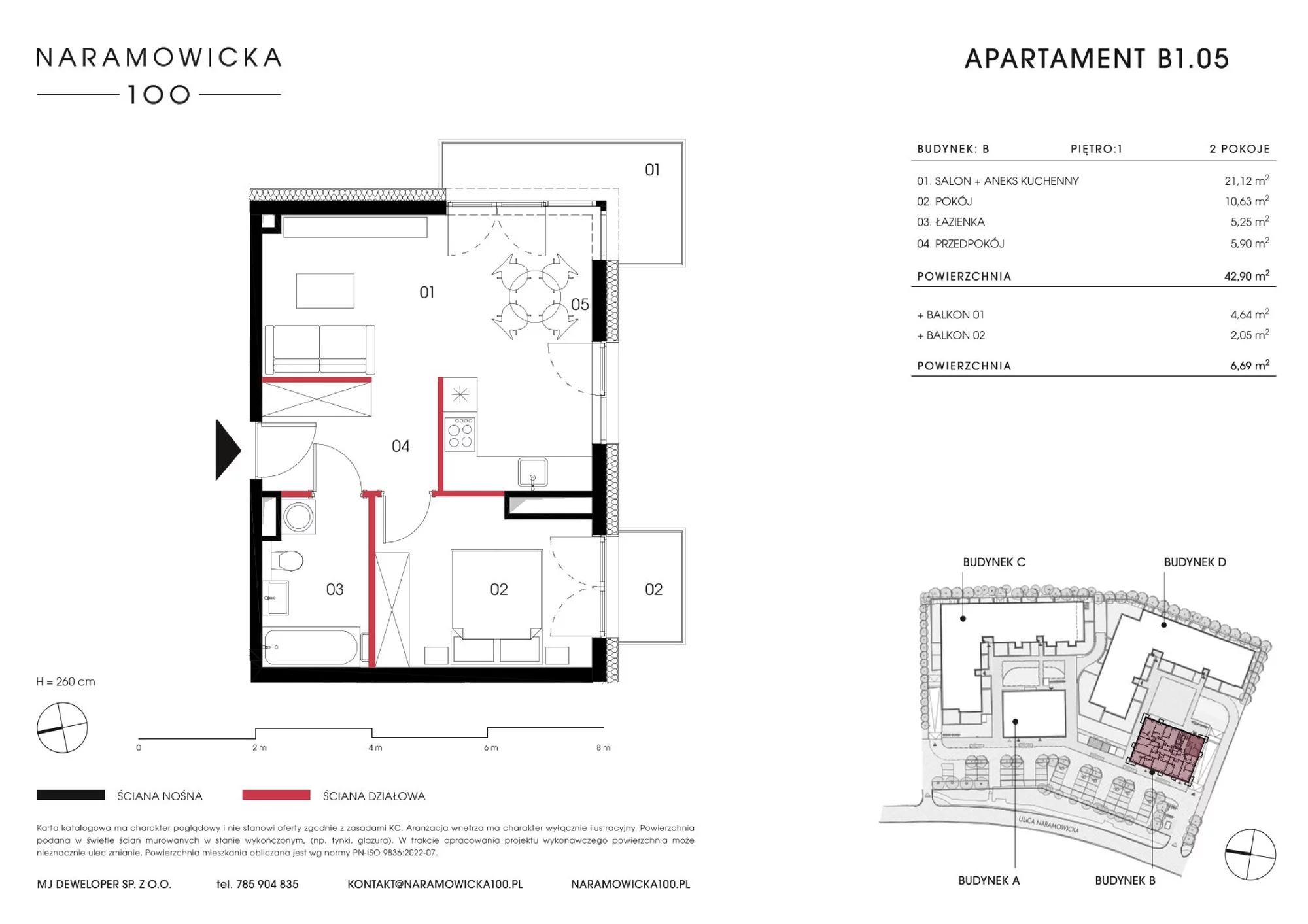 Mieszkanie 42,90 m², piętro 1, oferta nr B 1.05, Naramowicka 100, Poznań, Winogrady, Winogrady, ul. Naramowicka 100