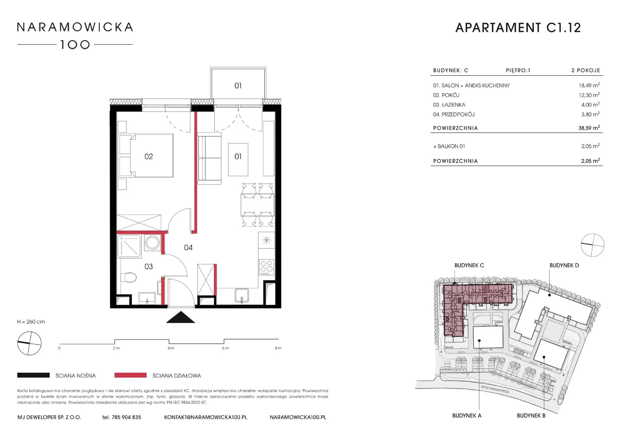 Mieszkanie 38,59 m², piętro 1, oferta nr C 1.12, Naramowicka 100, Poznań, Winogrady, Winogrady, ul. Naramowicka 100