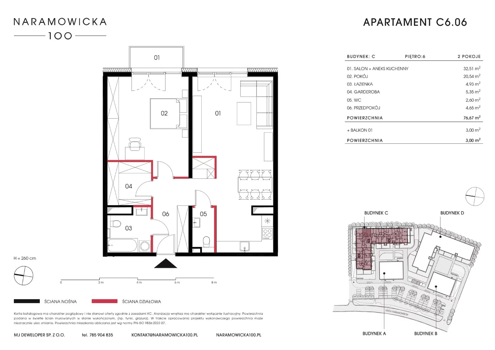 Mieszkanie 76,67 m², piętro 6, oferta nr C 6.06, Naramowicka 100, Poznań, Winogrady, Winogrady, ul. Naramowicka 100